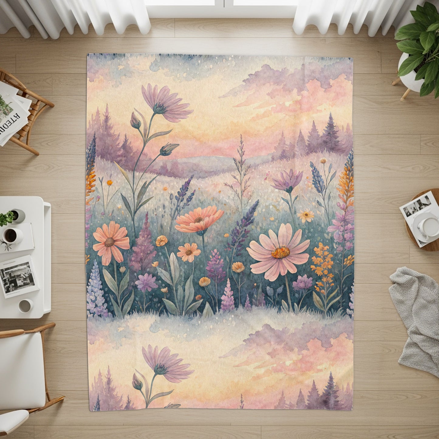 Floral Watercolor Meadow with Sunset Hues Velveteen Plush Blankets - Walk Greener