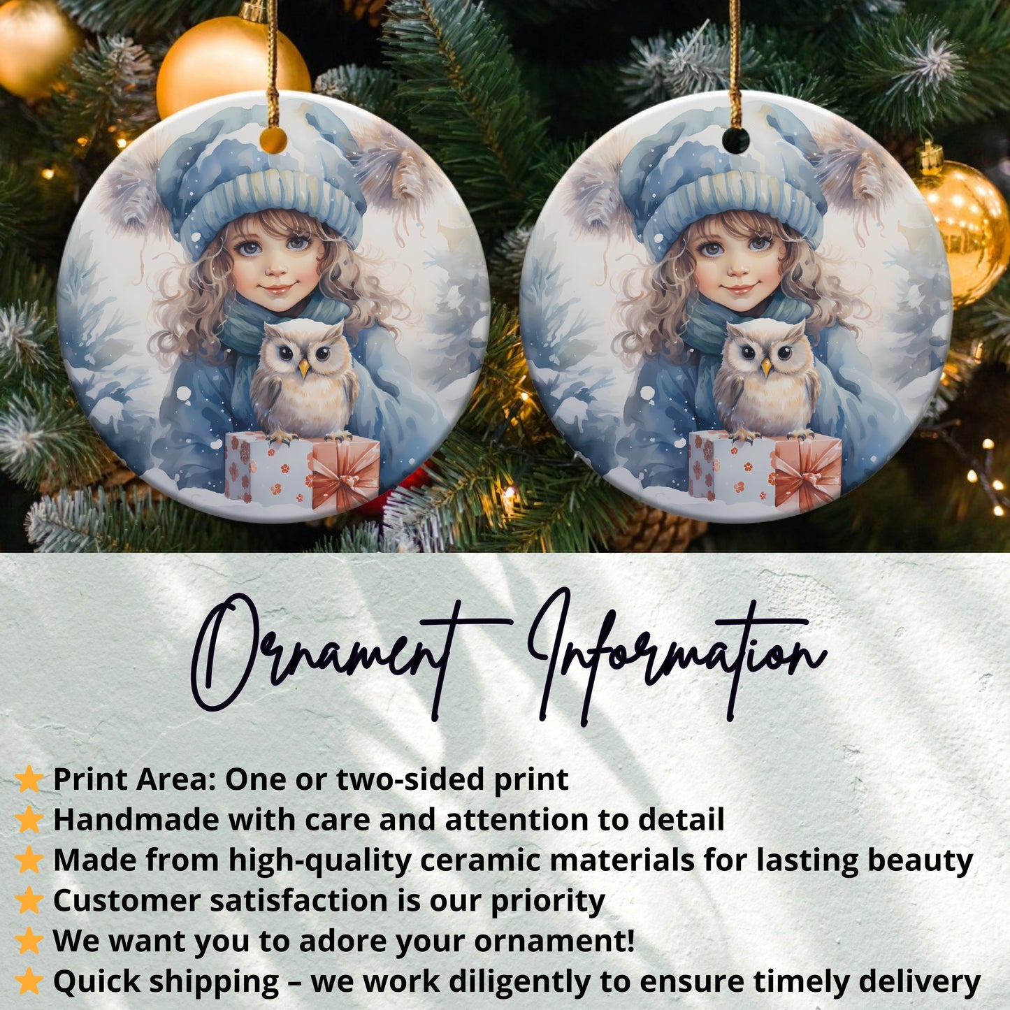 Cute Girl with Owl Christmas Ornament product