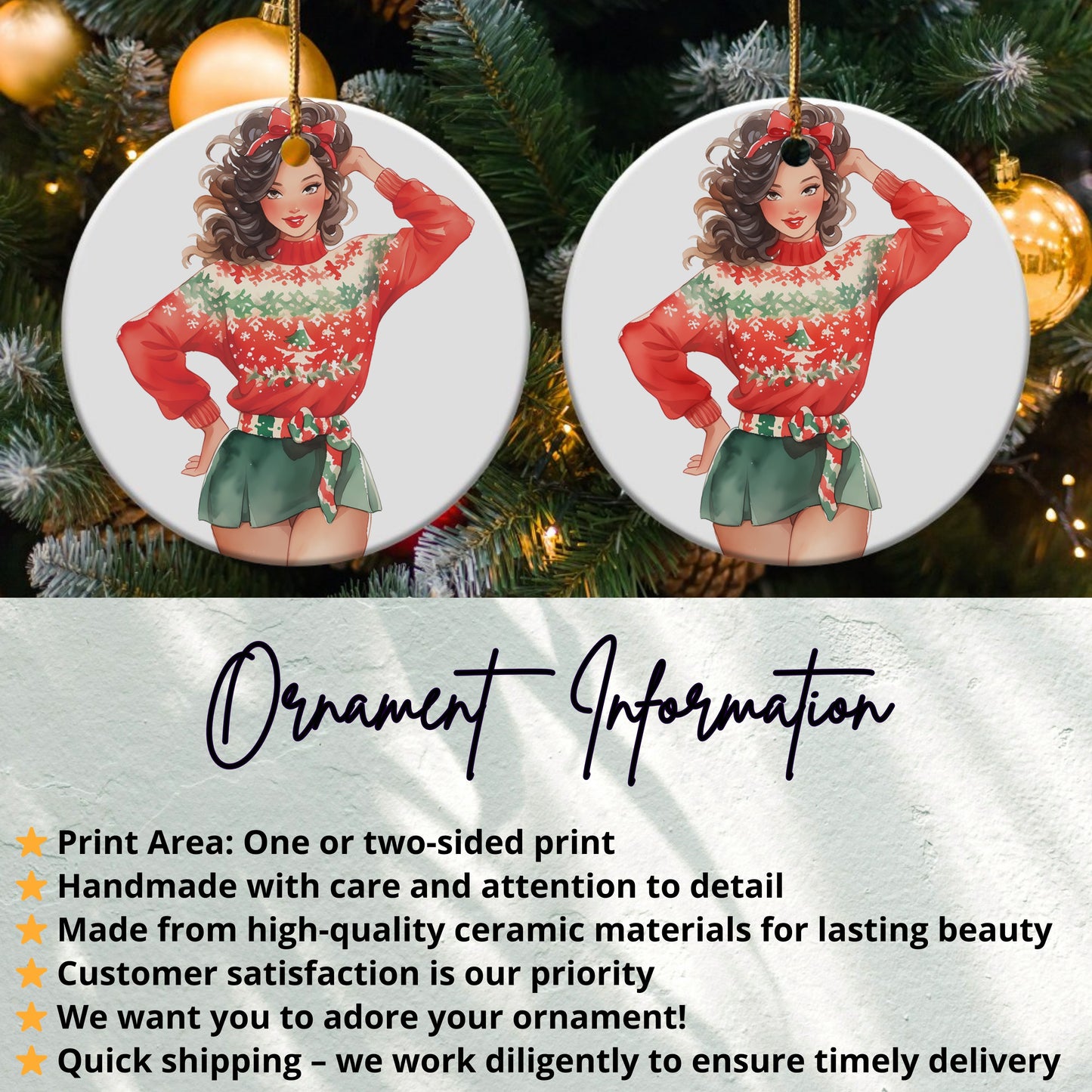 Lovely Festive Brunette with Holiday Outfit Ornament product