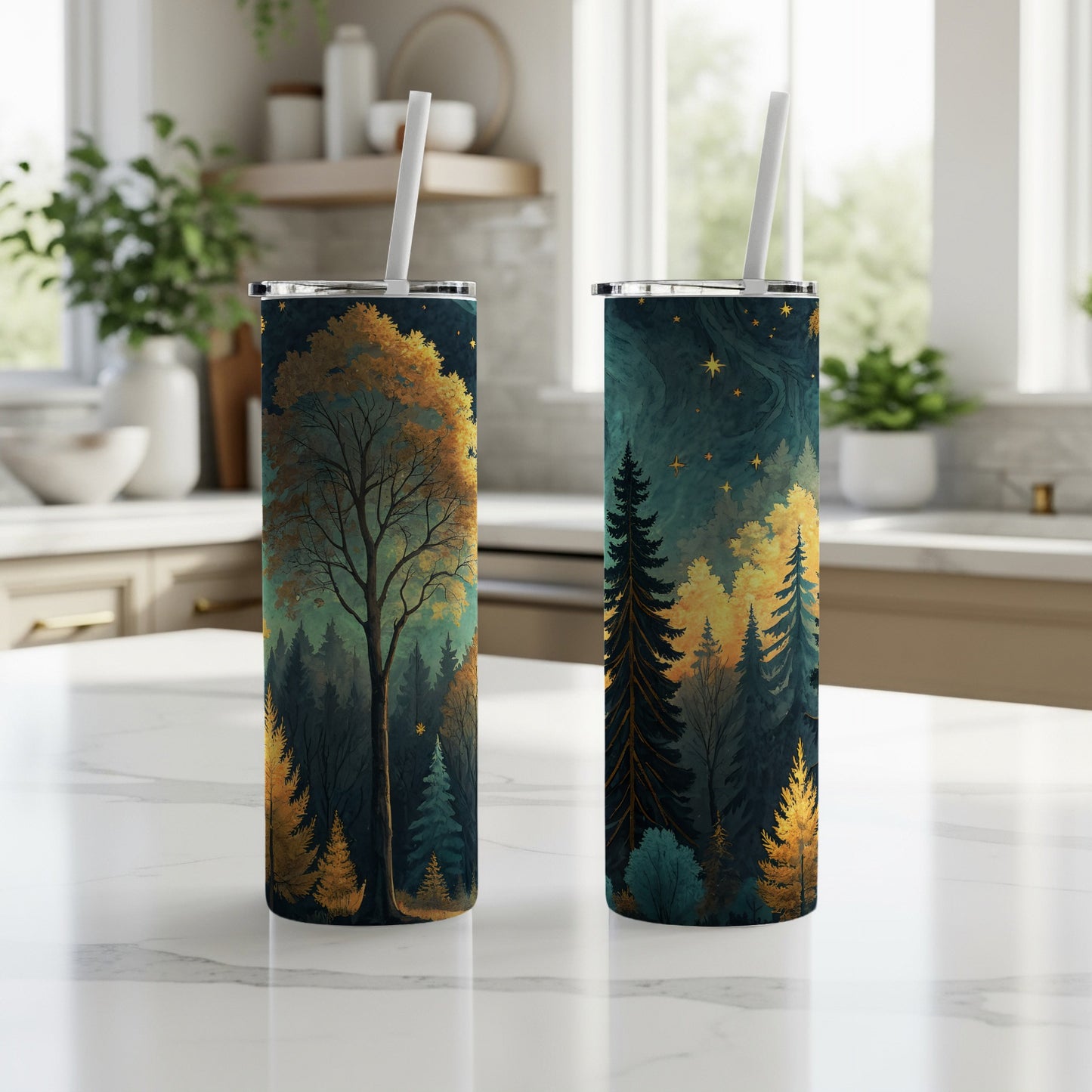 Forest Trees and Starry Night Design Tumbler