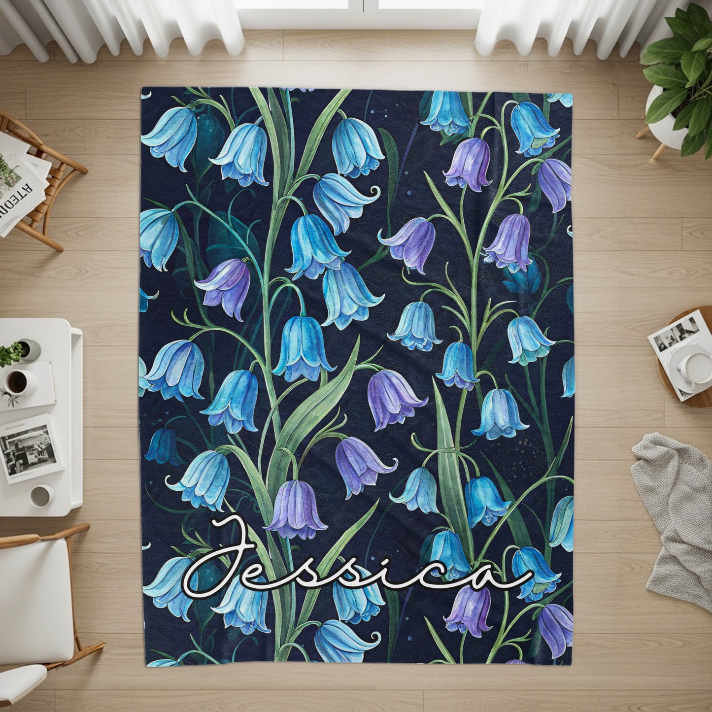 Personalized Blue and Purple Bell Flower Pattern Rug