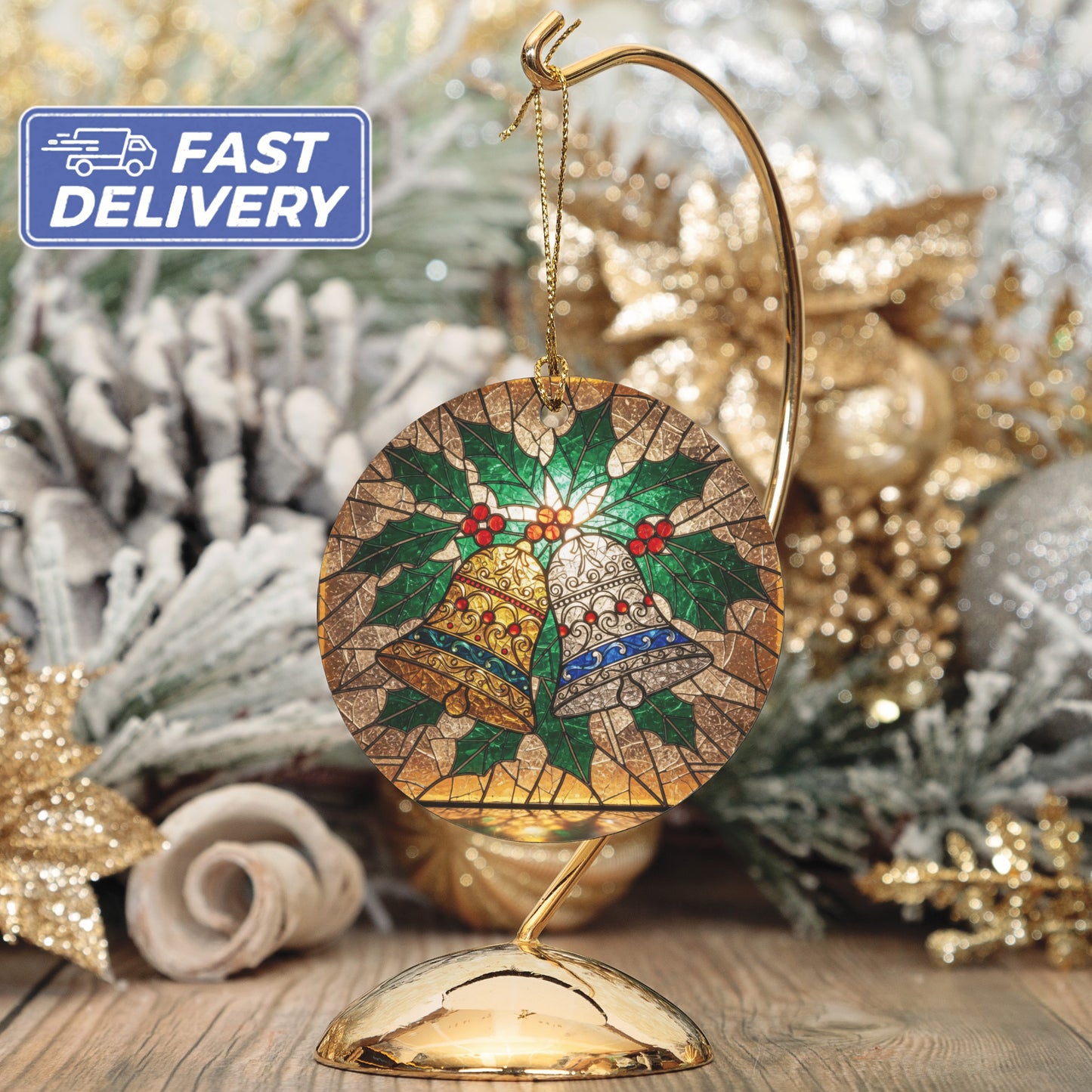 Stained Glass Bells Fast Delivery Holiday Ornament product