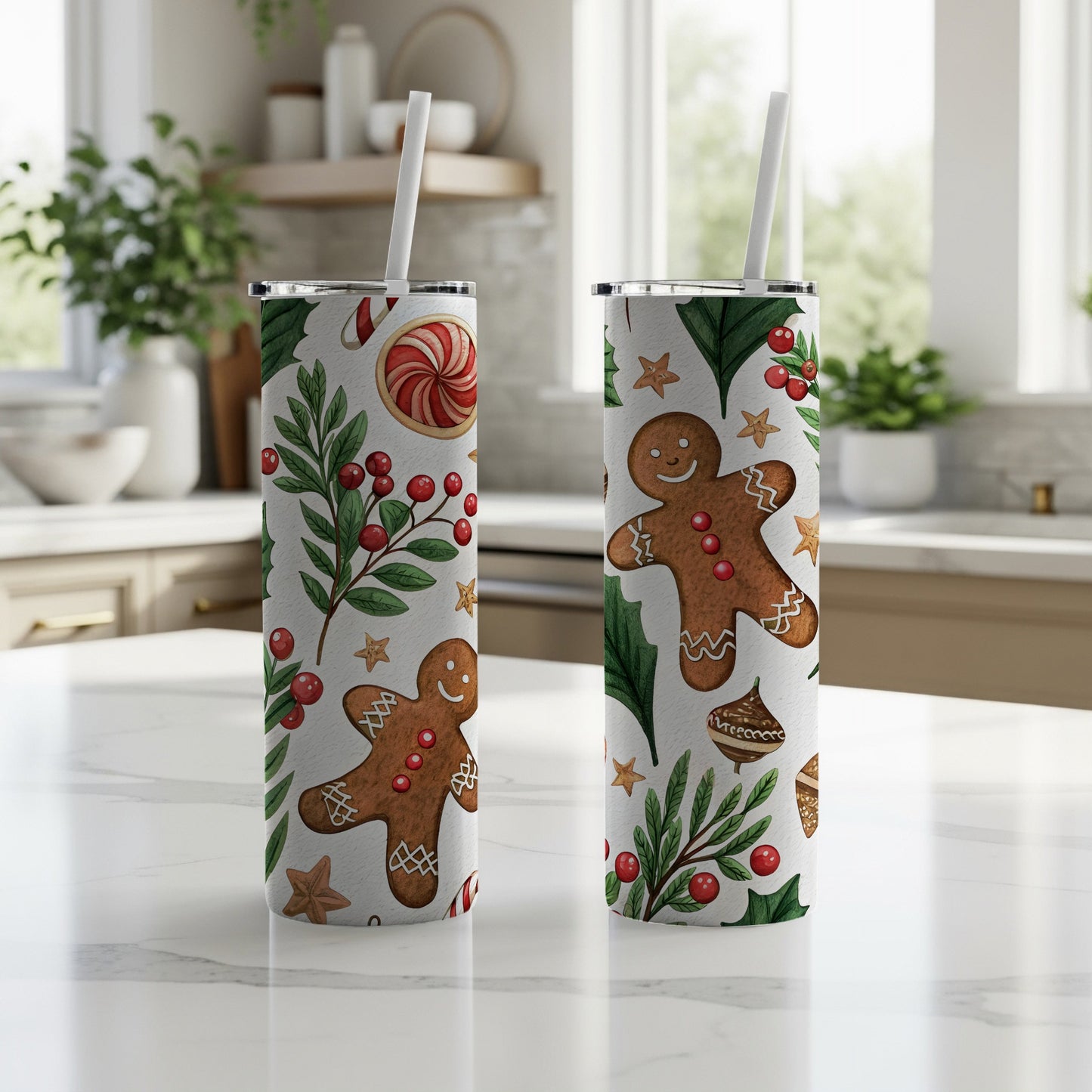 Watercolor Festive Pattern with Ginger Bread and Holly Tumbler - Walk Greener