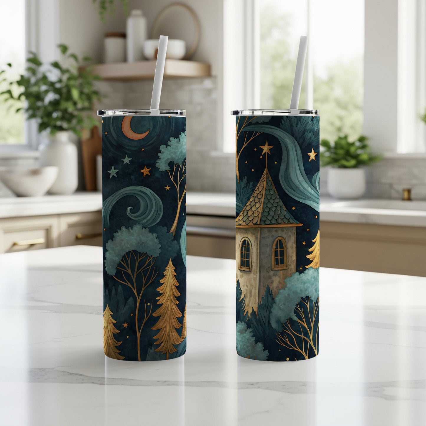 Enchanted Night Sky Castle and Trees Tumbler