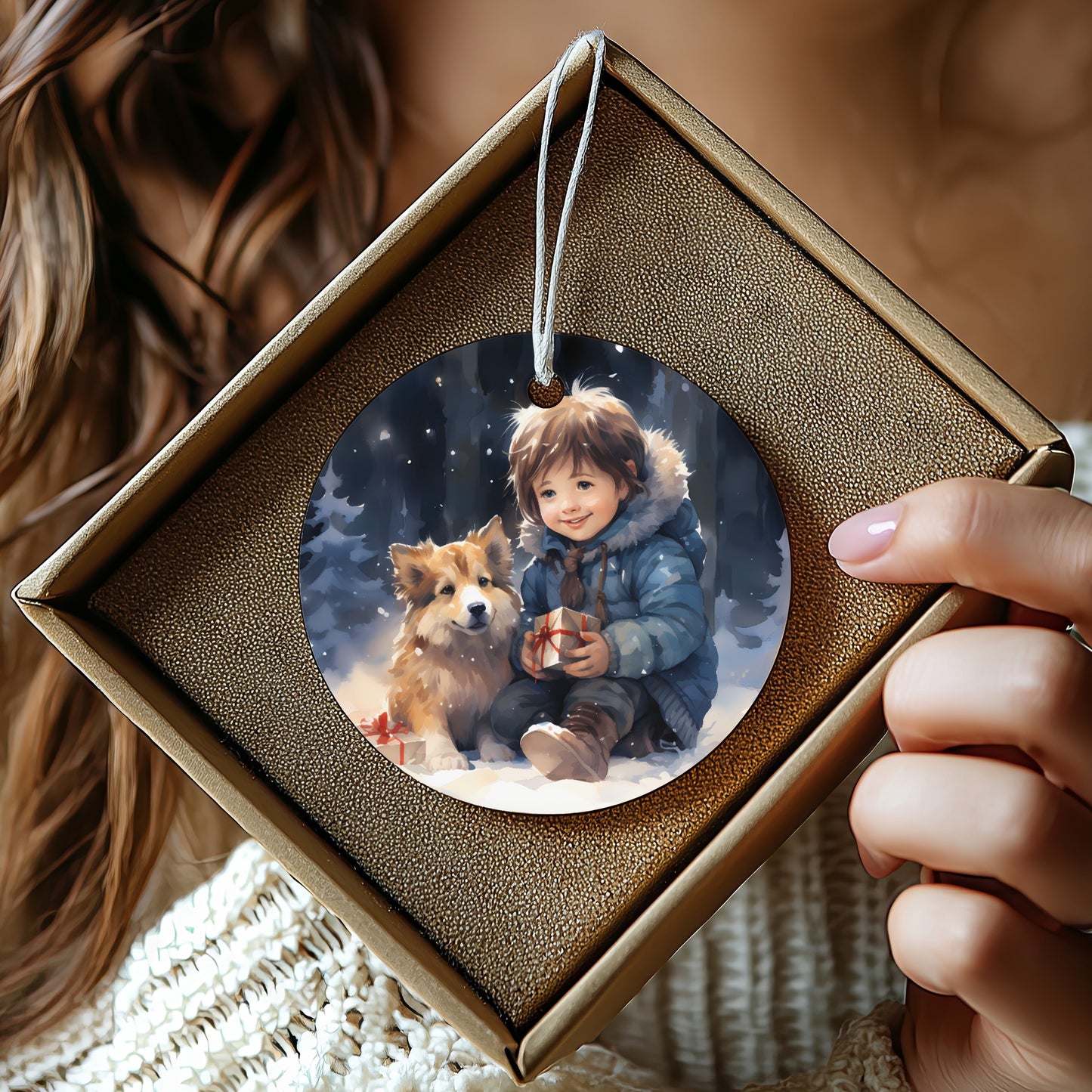 Cute Child and Dog Winter Scene Christmas Ornament product type