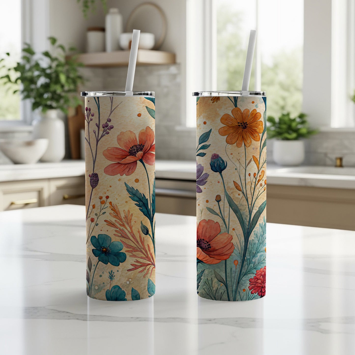 Watercolor Floral Fantasy With Subtle Texture 20 oz Skinny Tumbler - Walk Greener