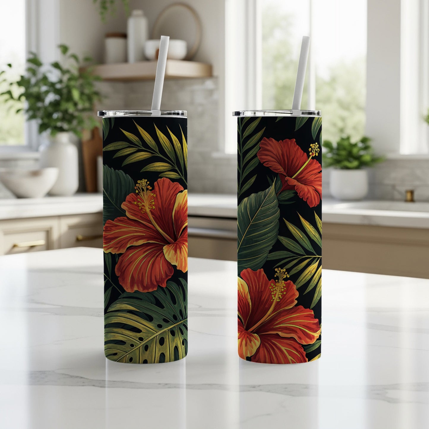 Tropical Floral Design Insulated Tumbler With Straw