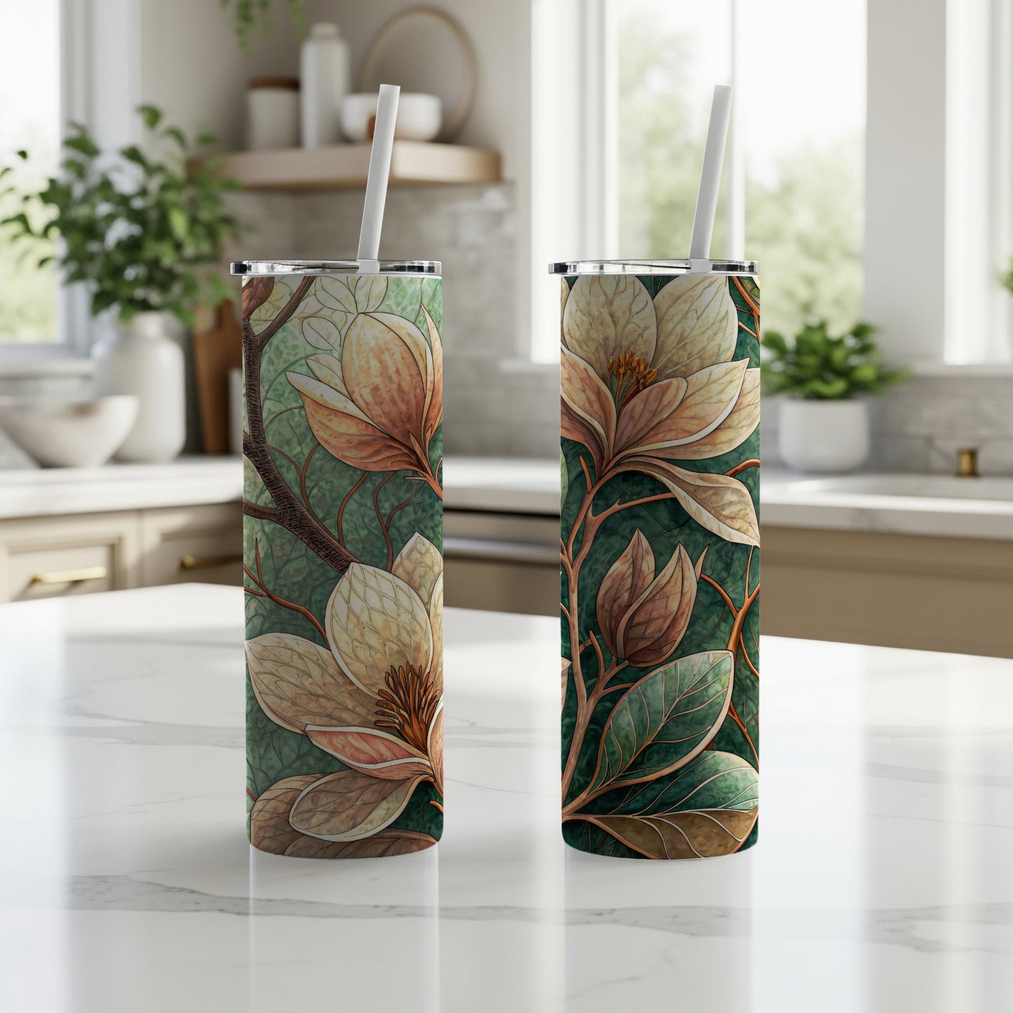 Magnolia Floral Dream Pattern Spring Design Art 20 oz Skinny Tumbler - Walk Greener