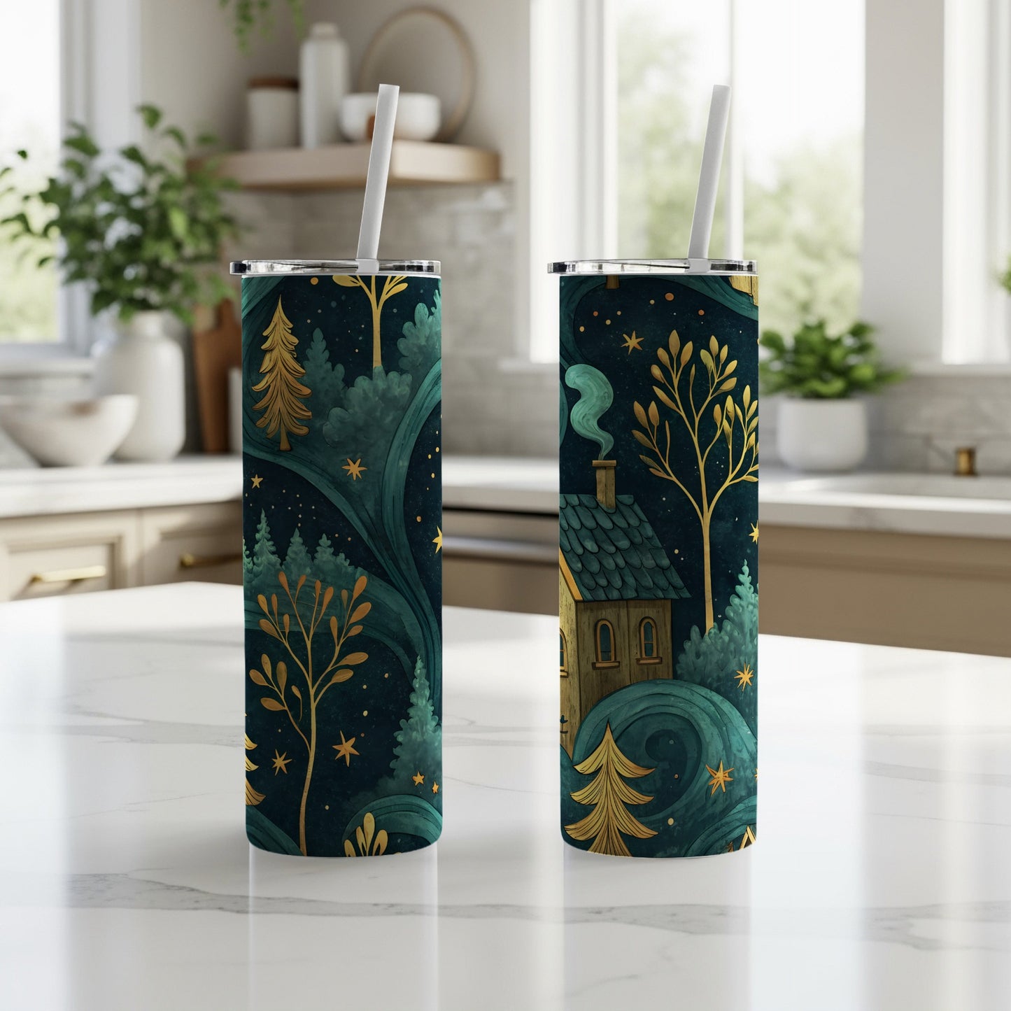 Starry Night Forest House Pattern Tumbler Cup