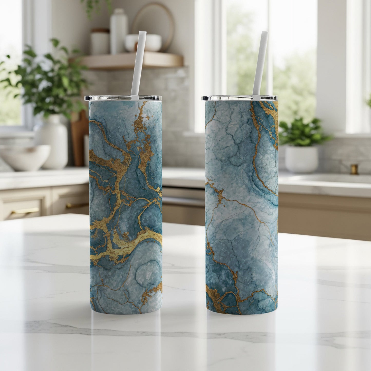 Elegant Blue Marble Design Insulated Tumbler Cup