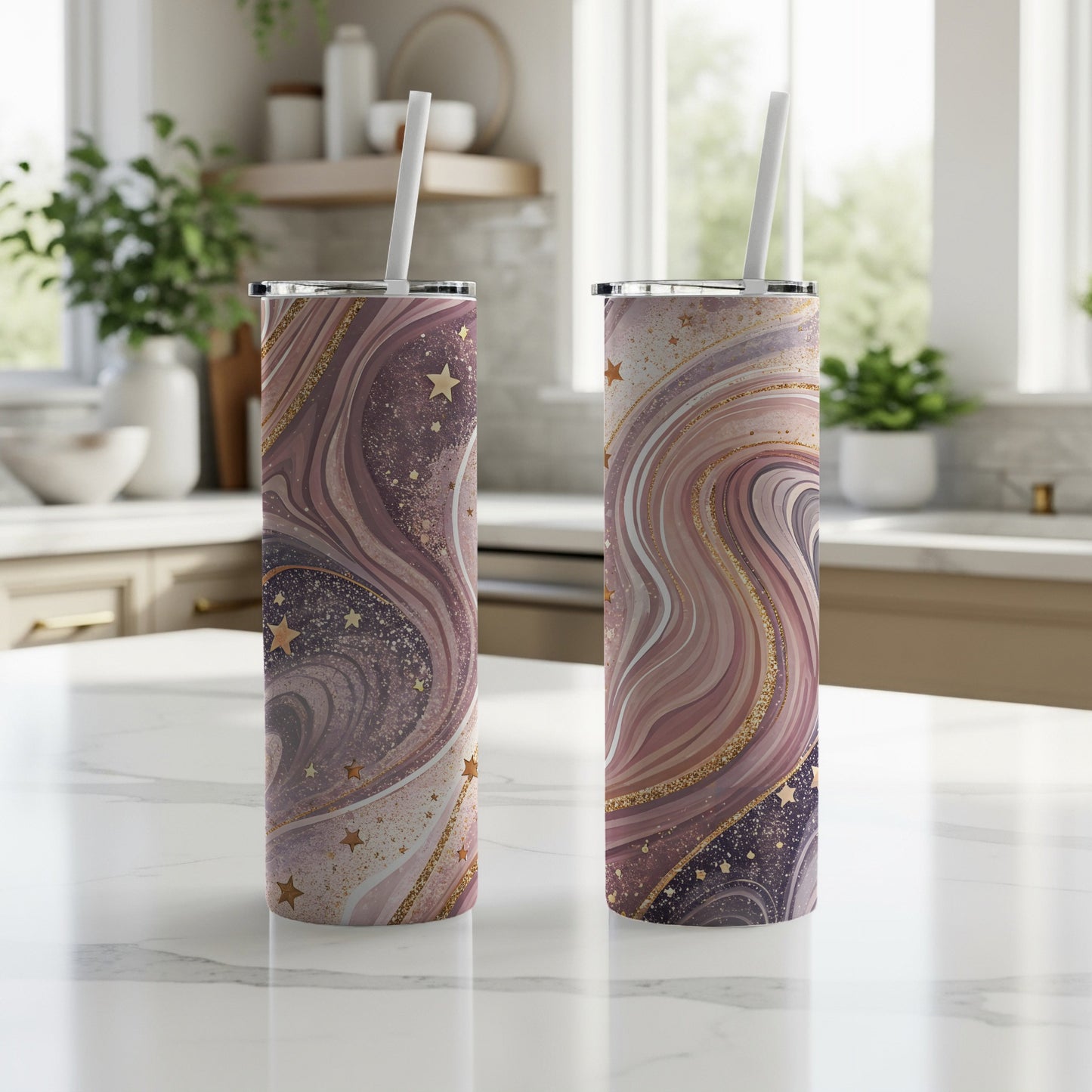 Swirling Galaxy and Stars Design Tumbler with Straw
