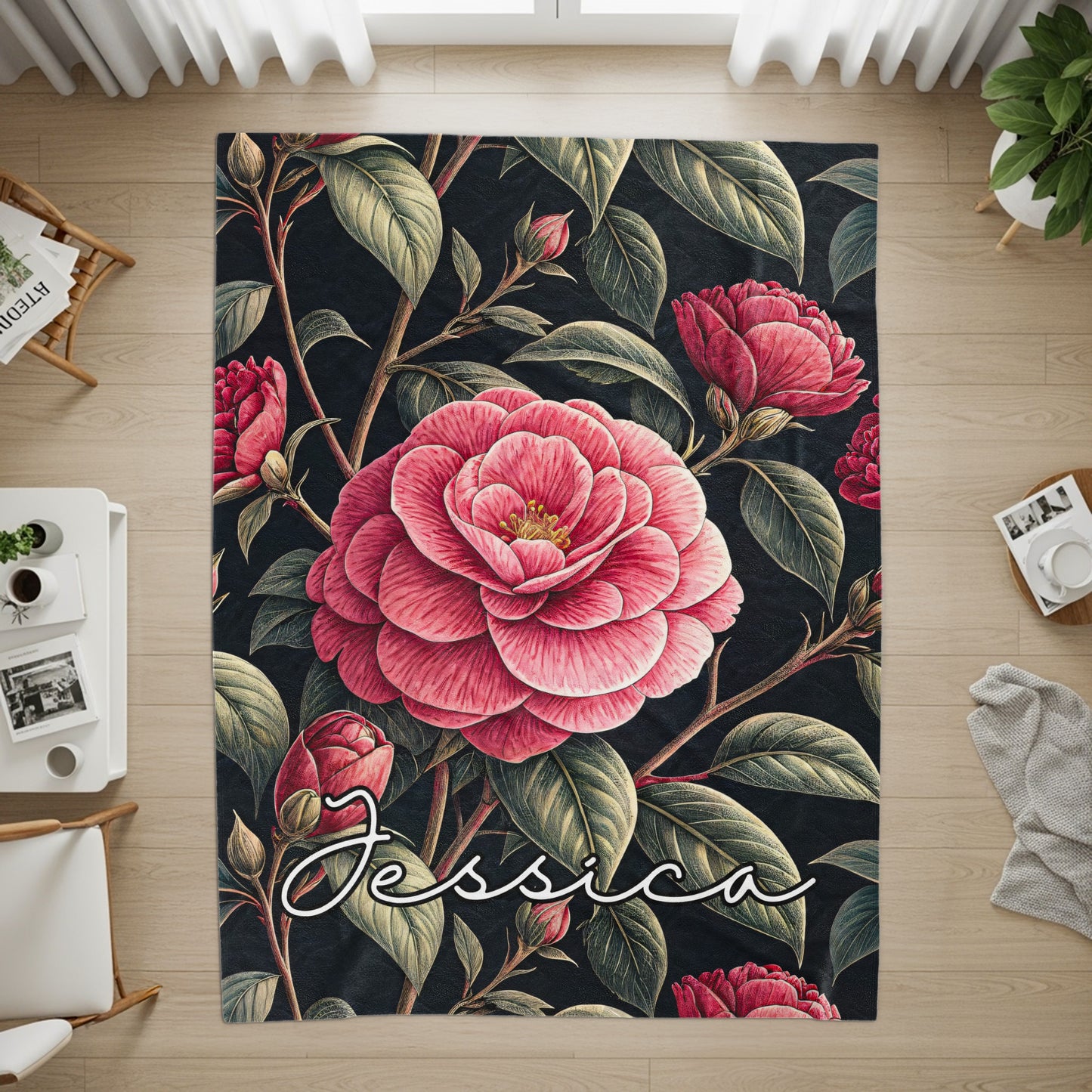 Personalized Floral Design Area Rug with Name Jessica
