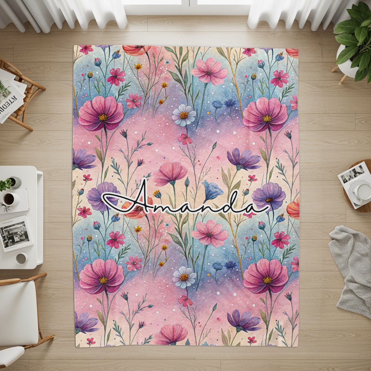 Watercolor Floral Personalized Amanda Floor Rug
