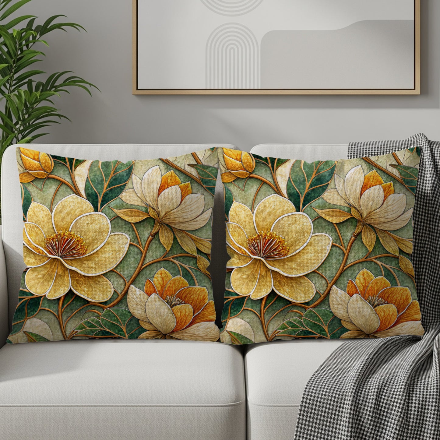 Yellow Orange Floral Pattern Illustration Style Throw Pillows - Walk Greener