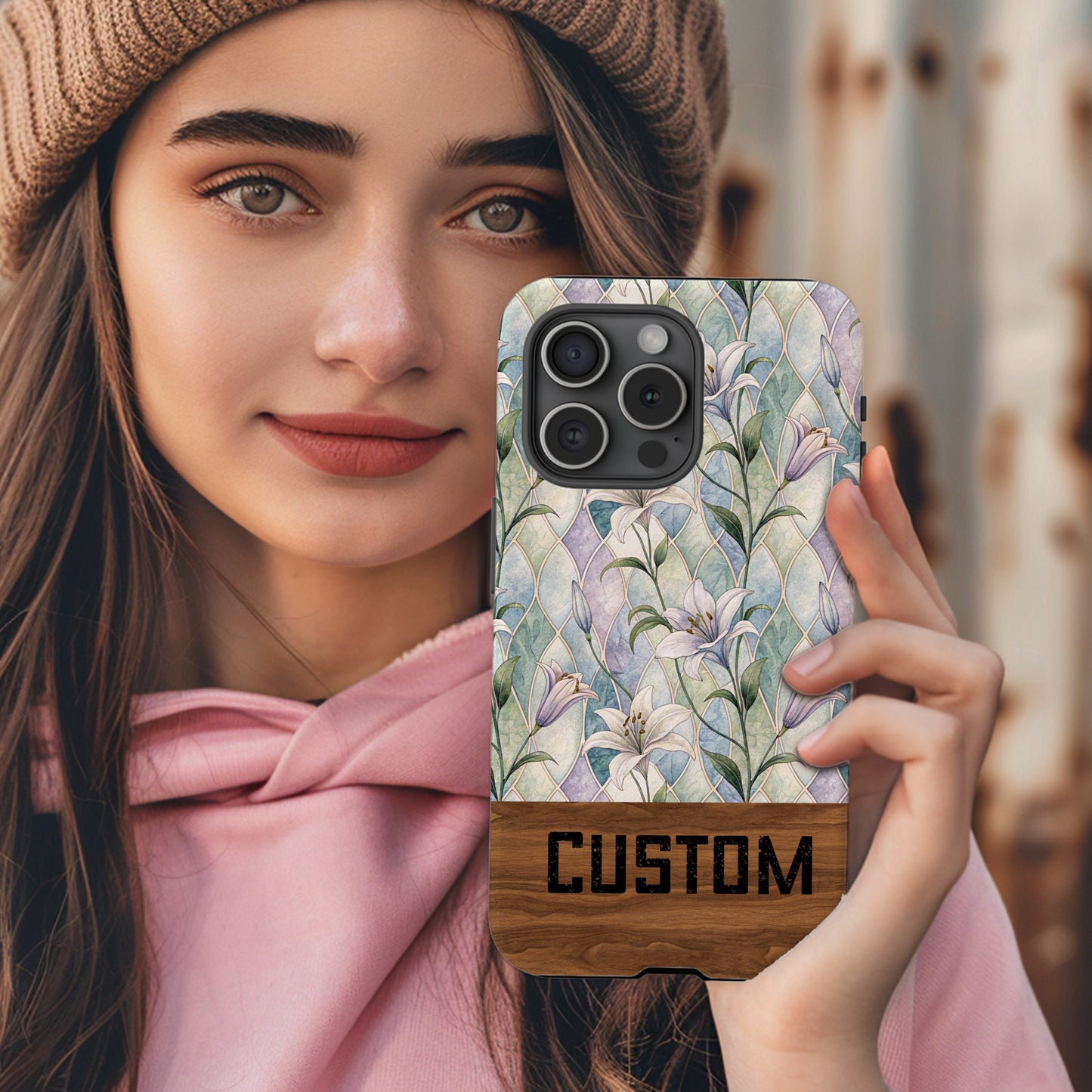 Custom Floral Patterned Phone Case With Wooden Accent