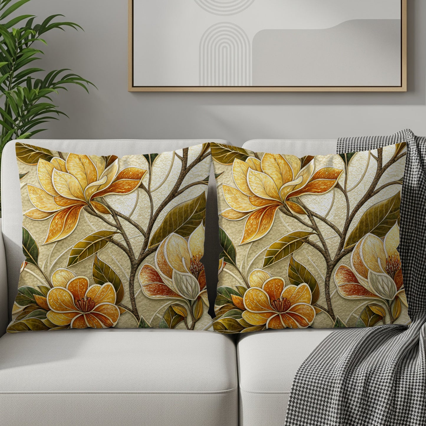 Golden Floral Bloom with Branch Artistic Decor Throw Pillows - Walk Greener