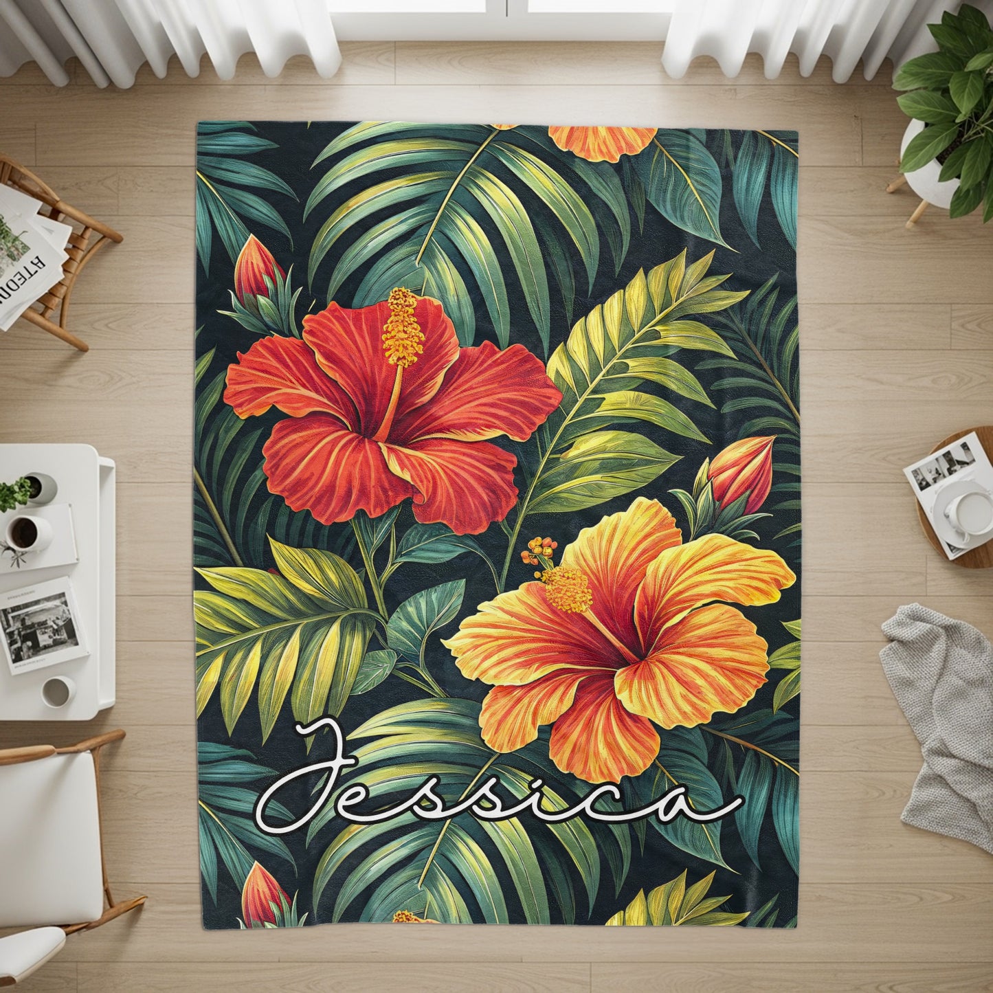 Tropical Hibiscus Flowers Custom Name Printed Blankets - Walk Greener