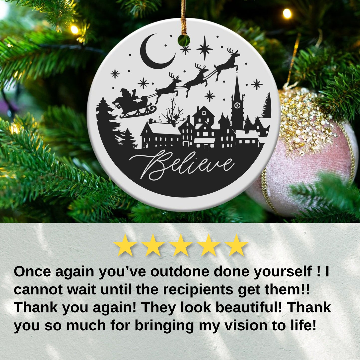 Believe Santa and Reindeer Christmas Ornament product