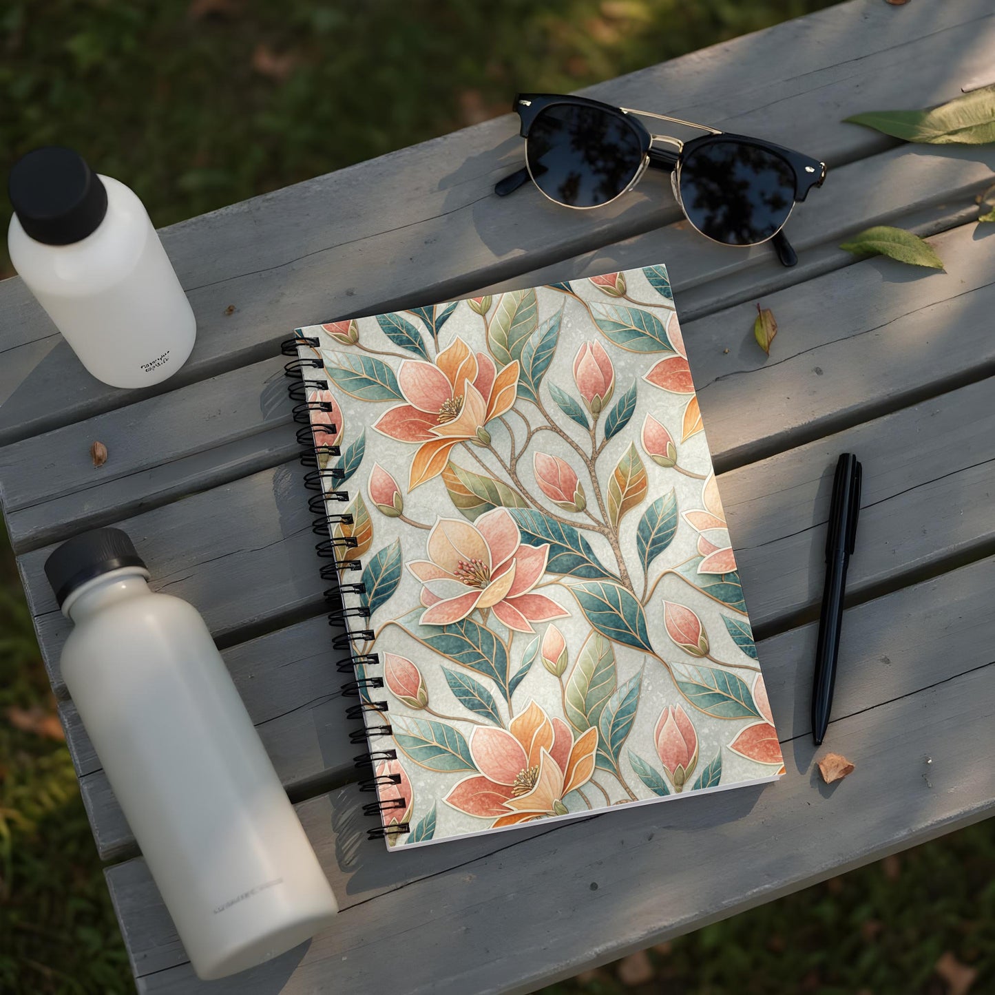 Vibrant Floral Print Notebook with Pink and Green Leaves