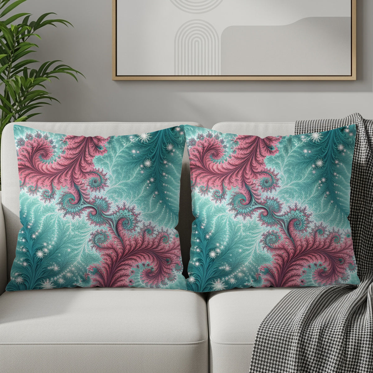 Vibrant Pink and Blue Feather Pattern Pillow Cover