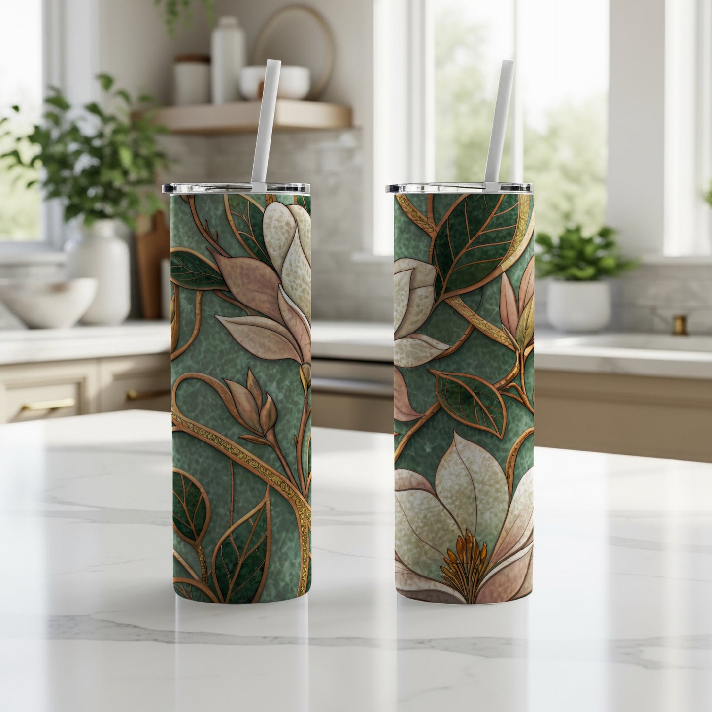 Floral Bloom Magnolia on Mint Green Background 20 oz Skinny Tumbler - Walk Greener