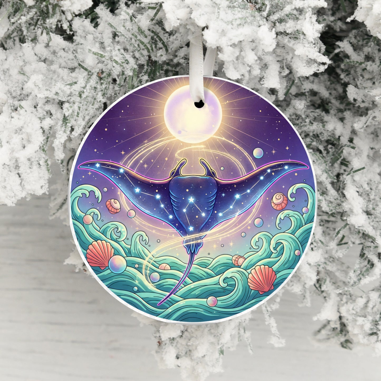 Manta Ray in Ocean Art Round Christmas Ornament product type