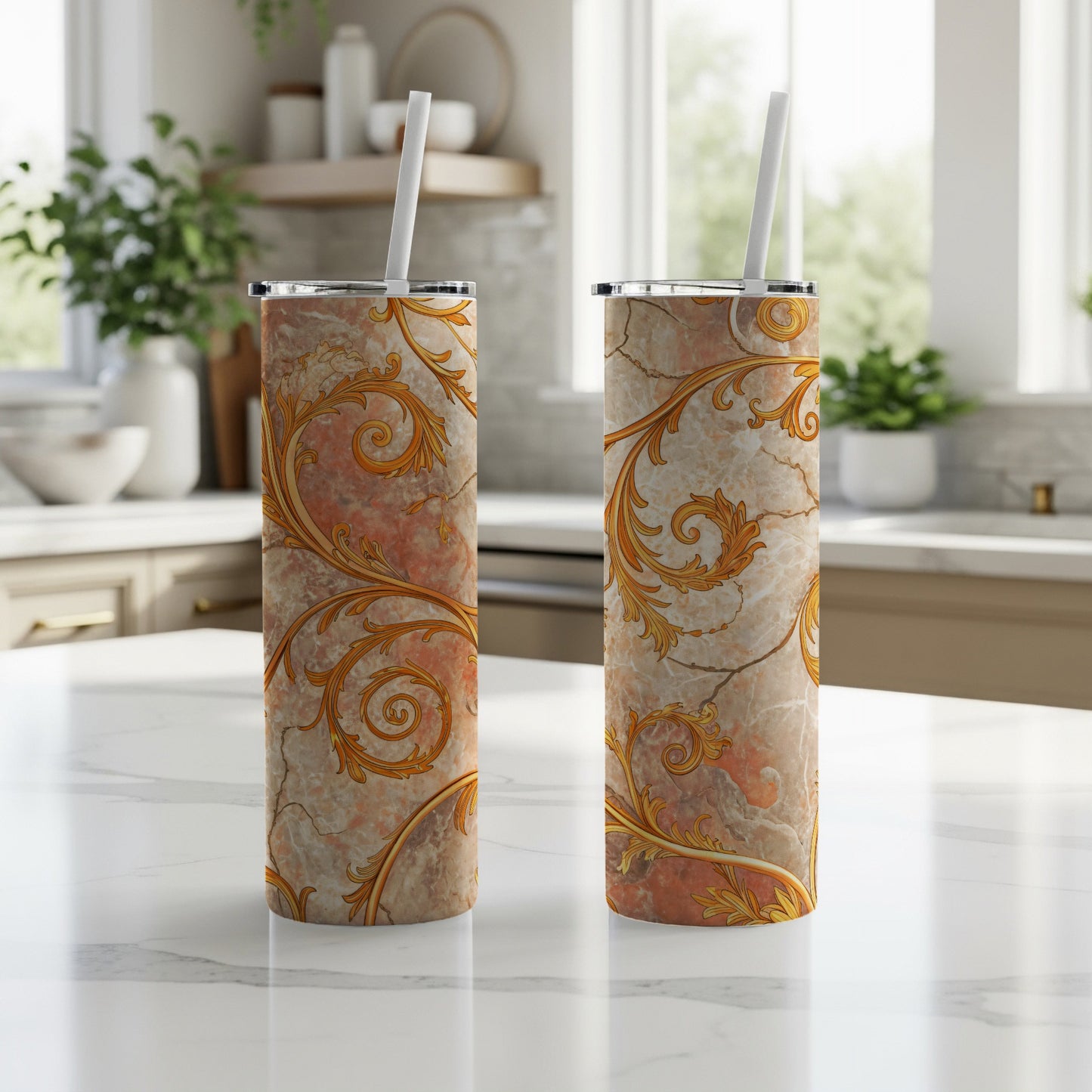 Elegant Swirl Design Insulated Tumbler with Straw