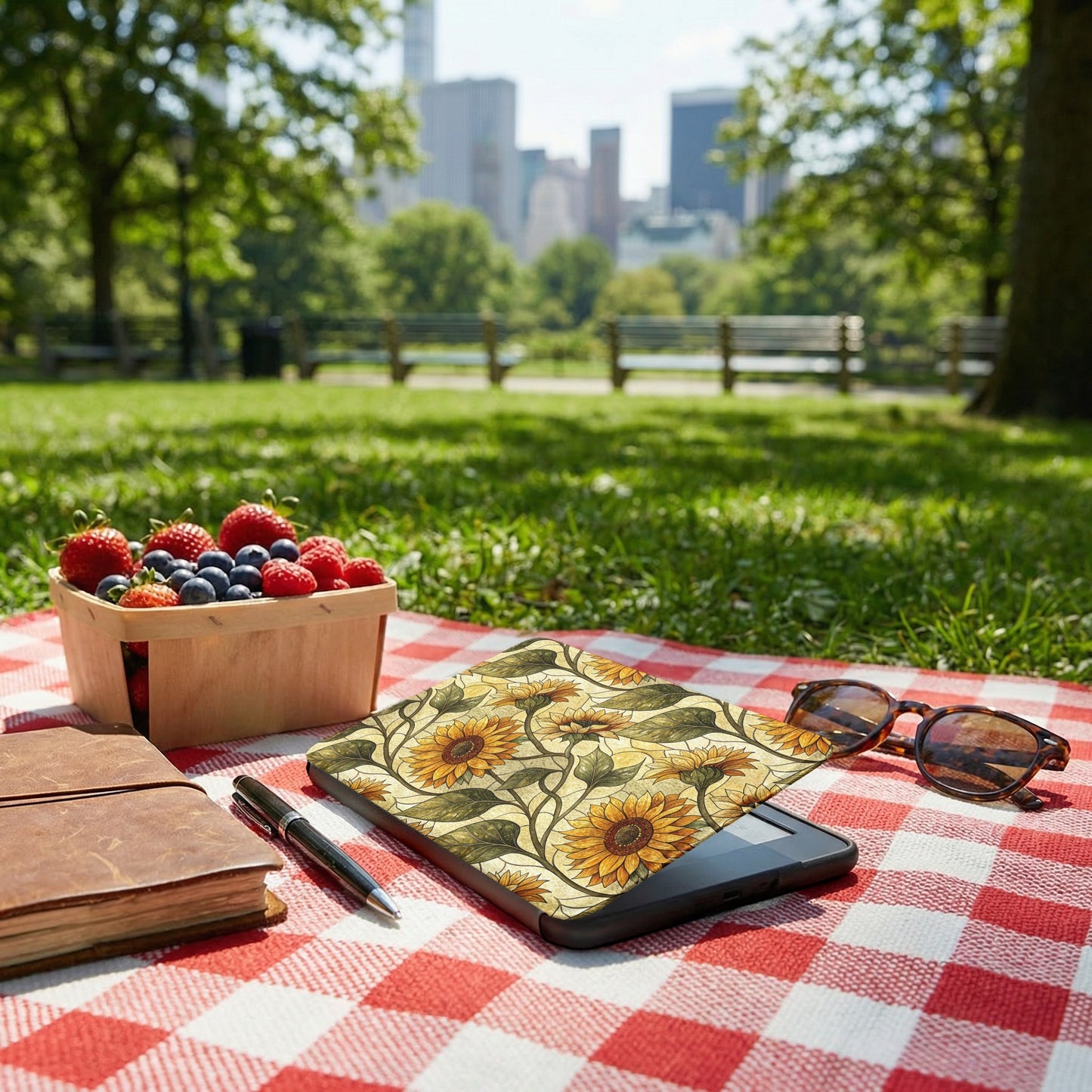 Sunflower Design E-Reader Cover on Picnic Blanket