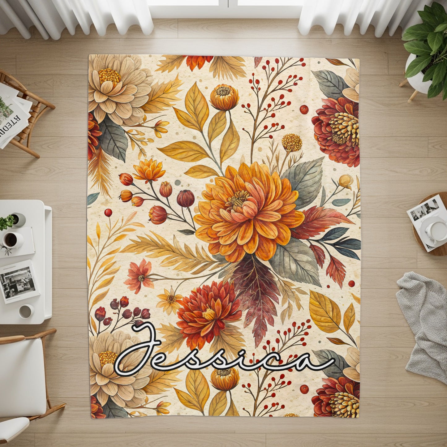 Personalized Floral Design Rug with Name Jessica