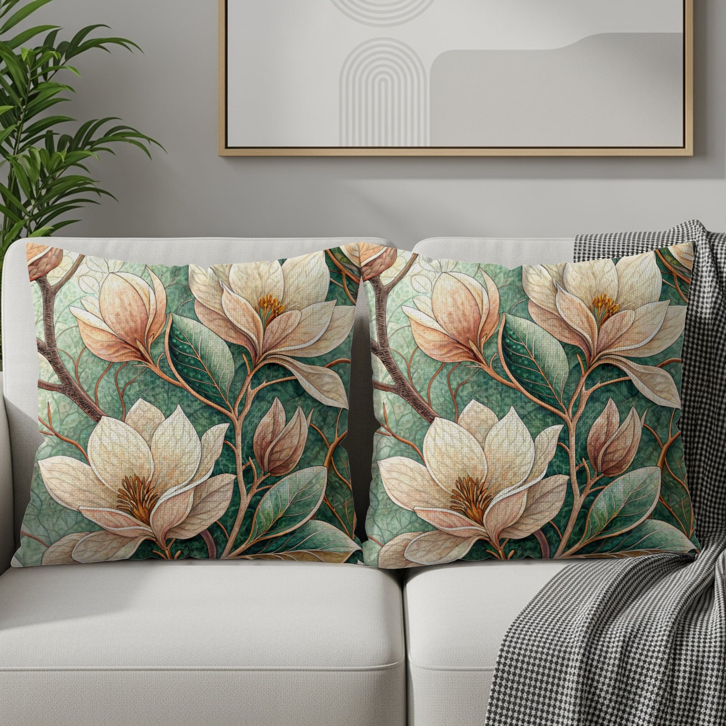 Magnolia Flowers And Branches With Green Background Throw Pillows - Walk Greener
