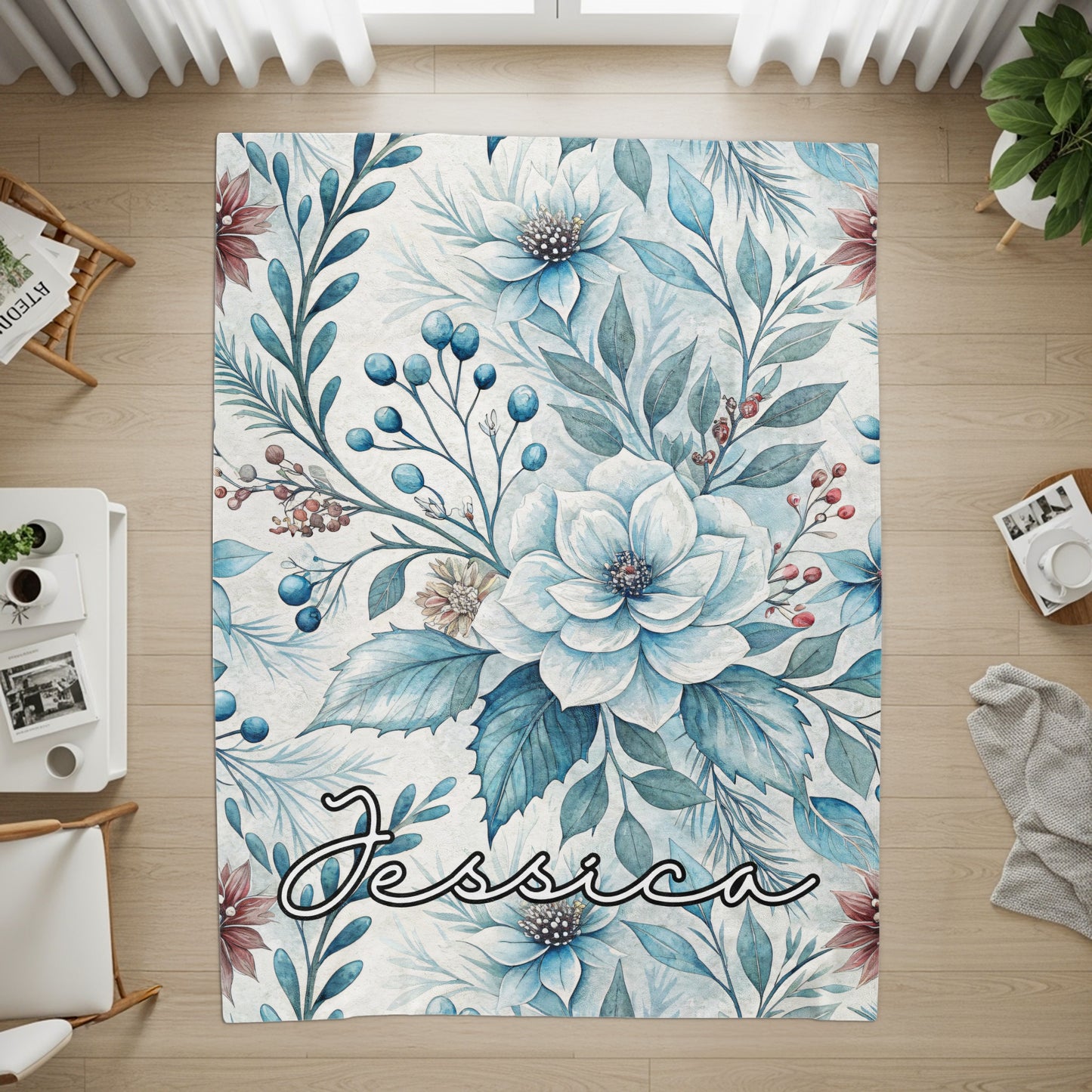 Personalized Floral Blue Botanical Design Rug