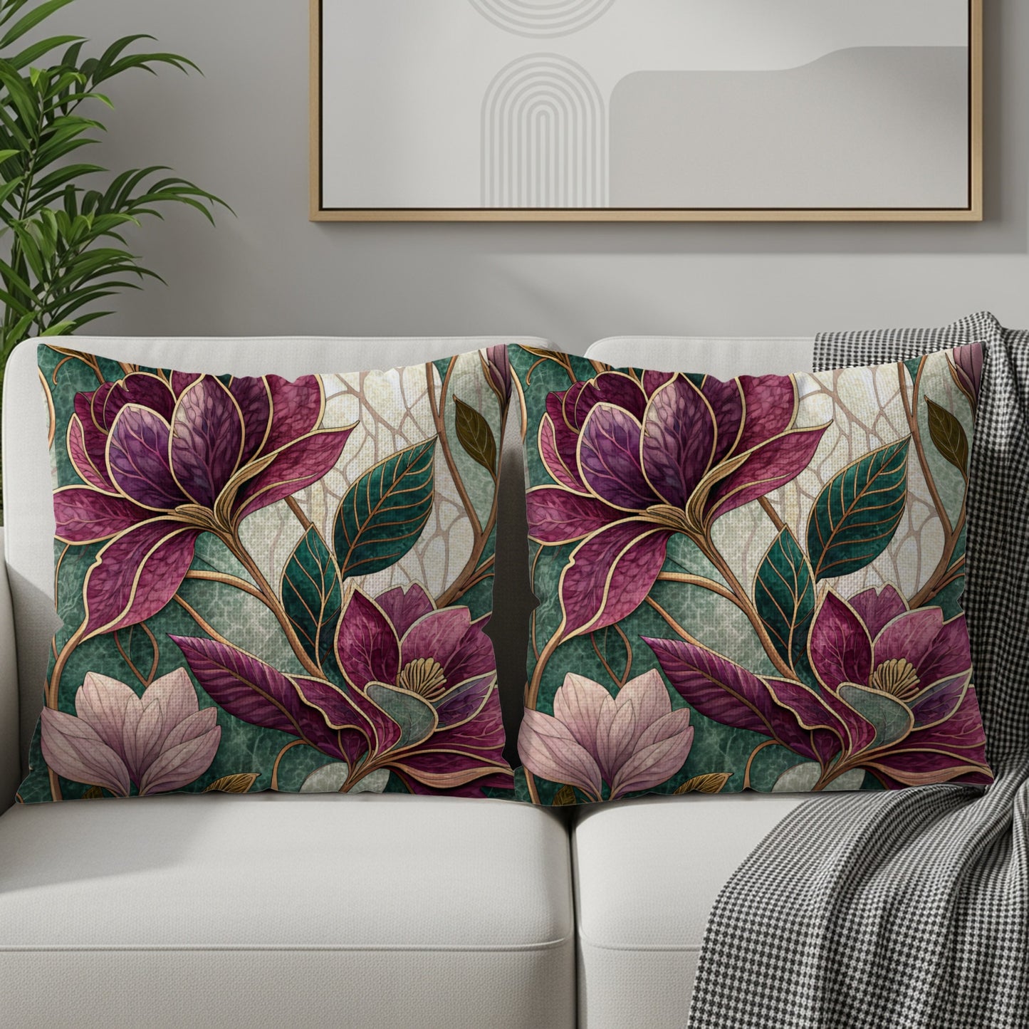 Magnolia Floral Artwork in Green and Purple Tones Throw Pillows - Walk Greener