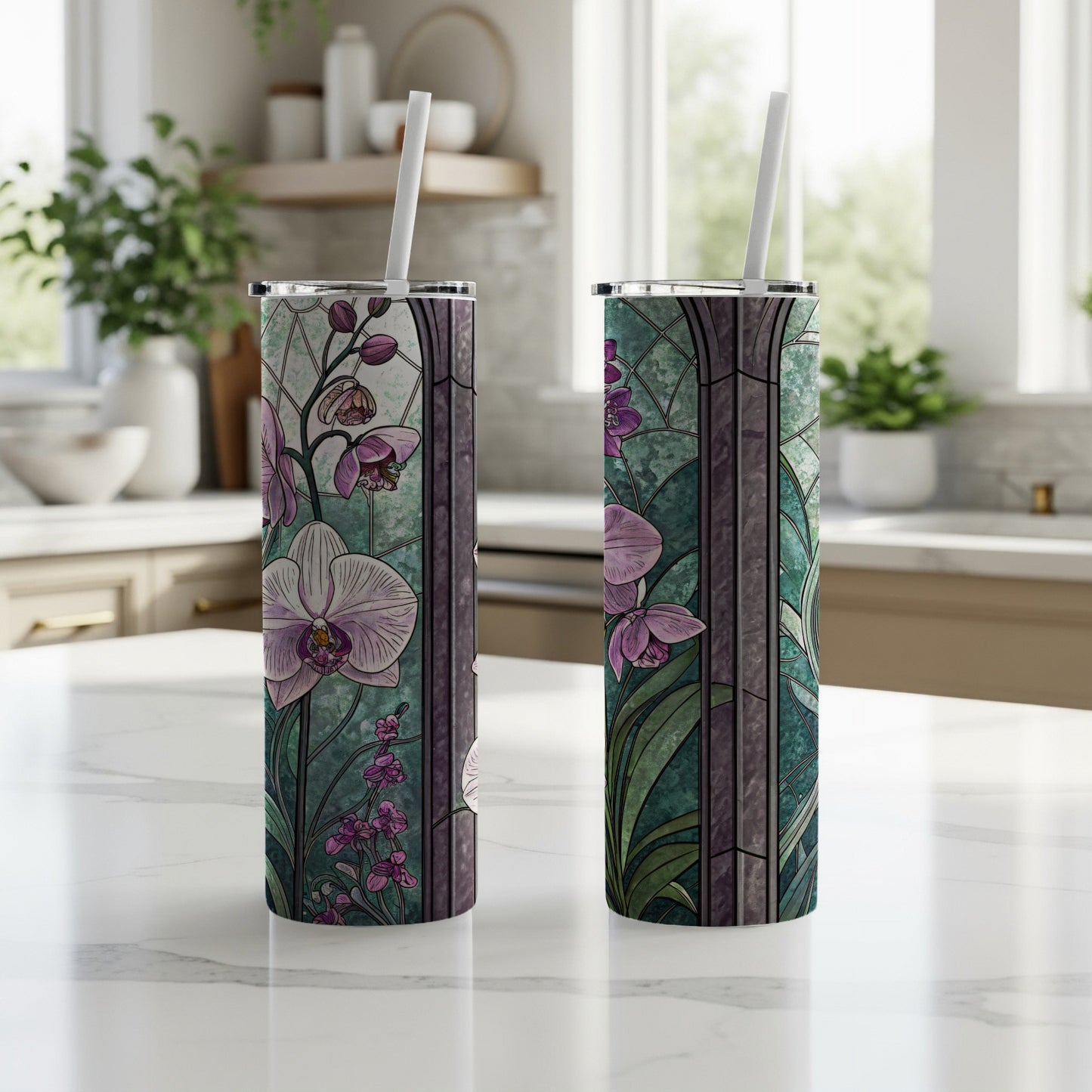 Stained Glass Orchid Florals Design Premium Style - Walk Greener