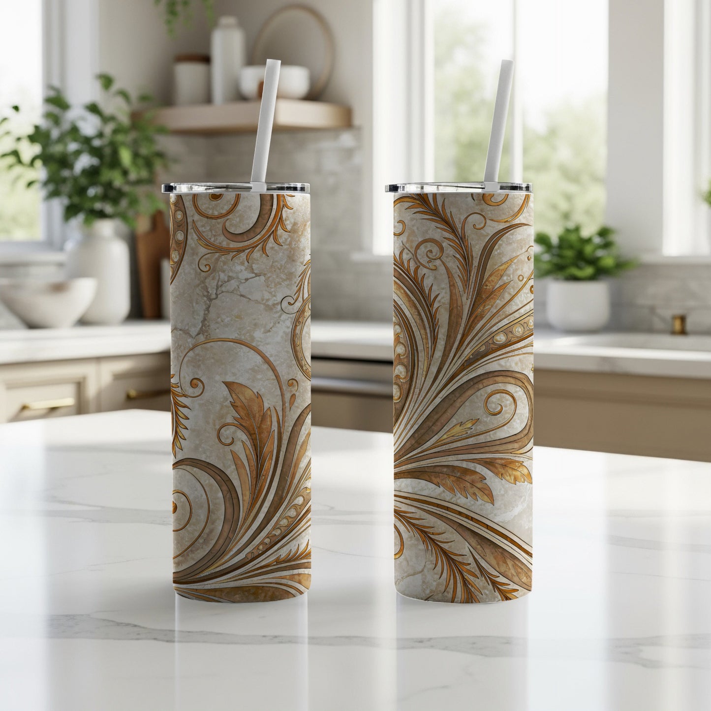 Elegant Floral Patterned Tall Drink Tumbler with Straw