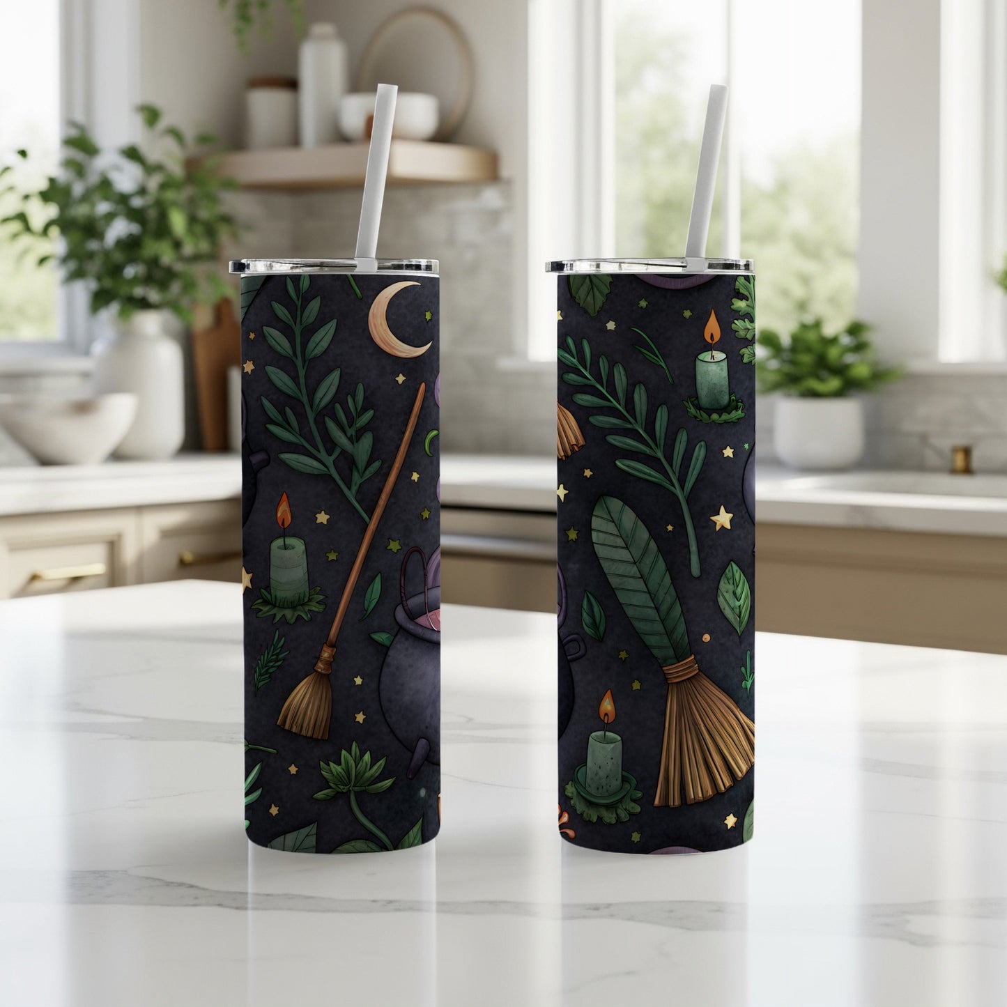 Witchy Botanical Dark Themed Tumbler with Straw
