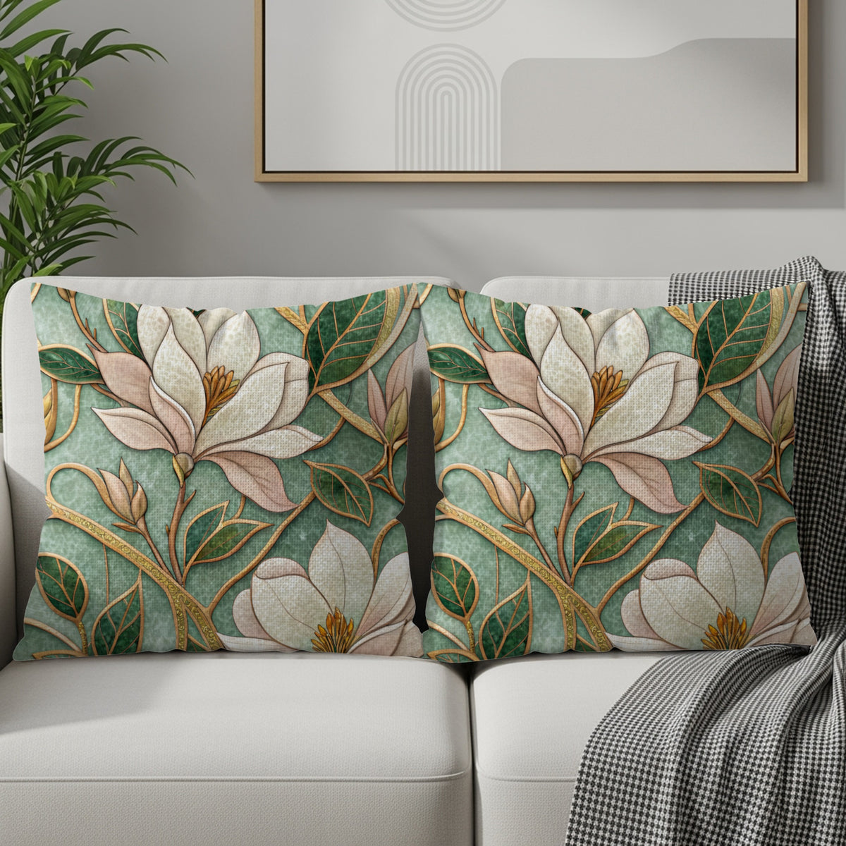 Floral Magnolia Blossom Botanical Style Green Decor Throw Pillows - Walk Greener