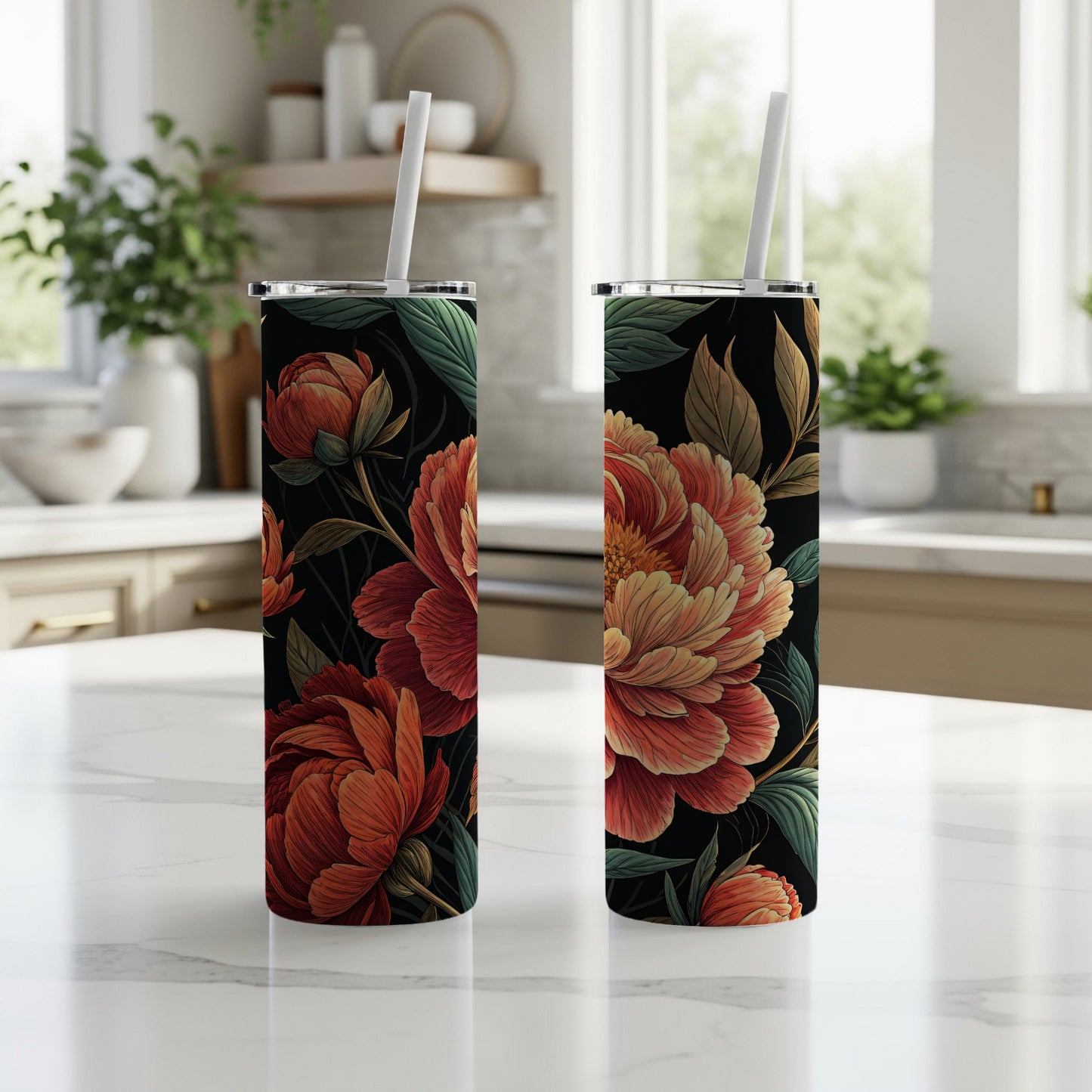 Elegant Floral Design Insulated Tumbler with Straw