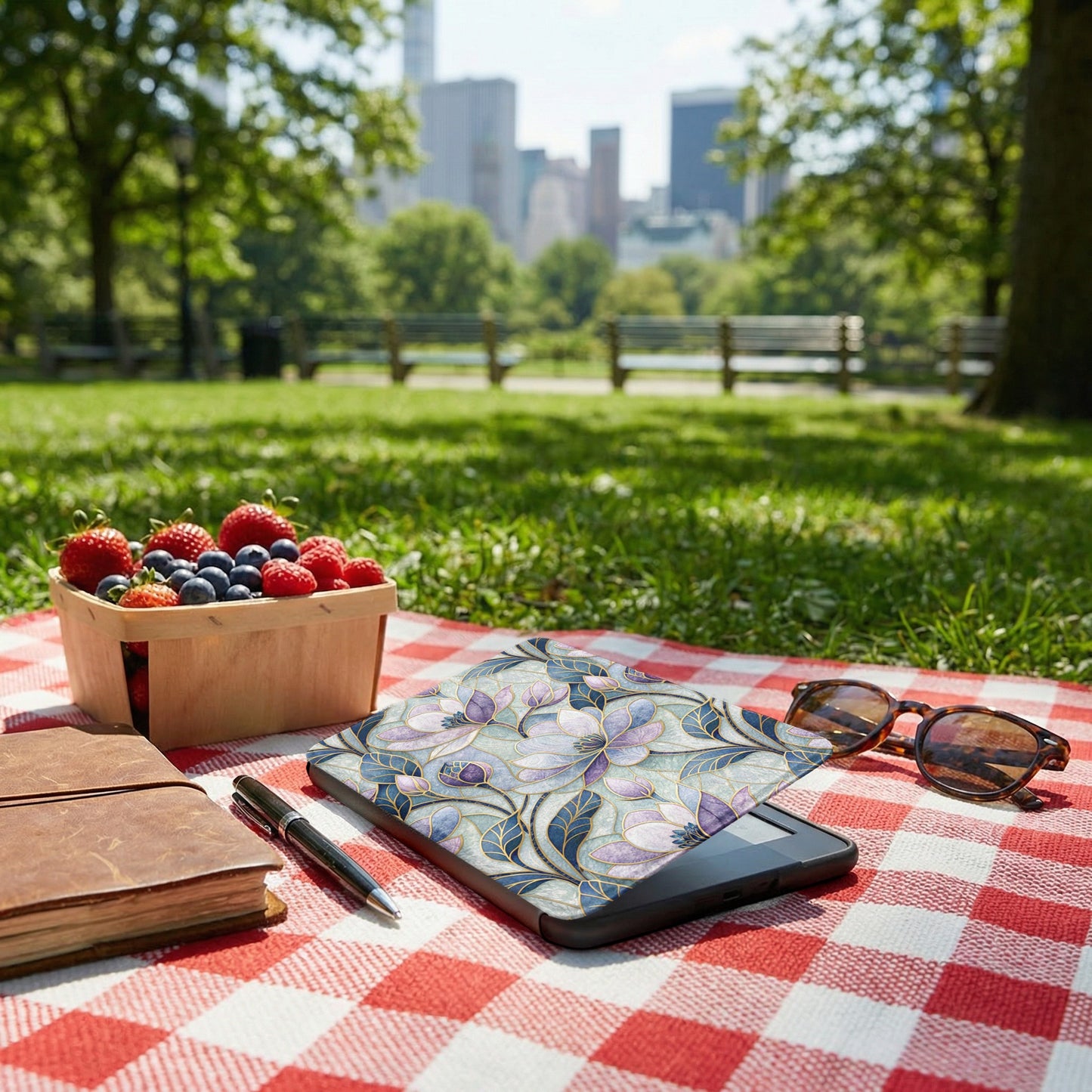 Floral Patterned Tablet Case with Sunglasses and Notebook