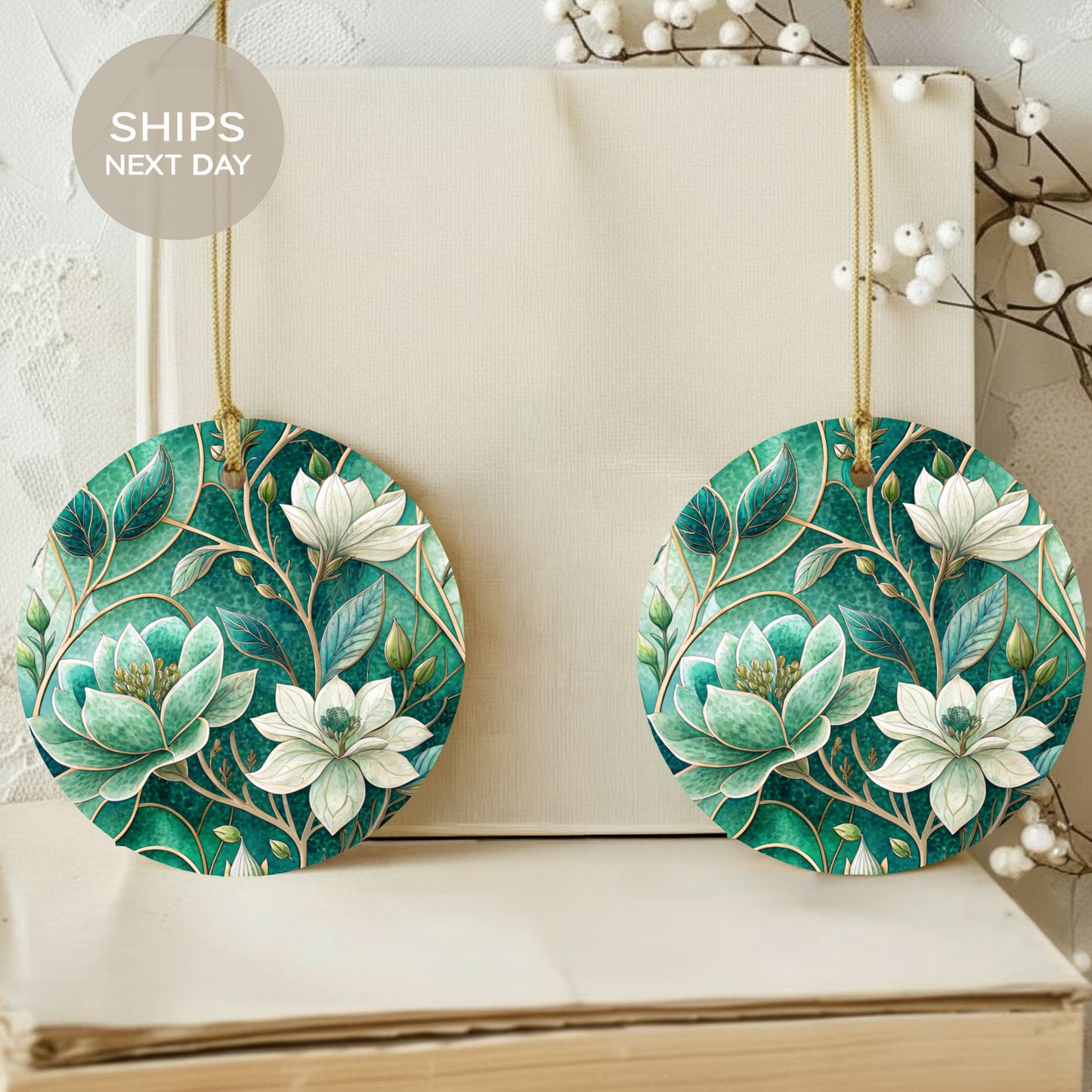 Beautiful Floral Green and White Ornament Set
