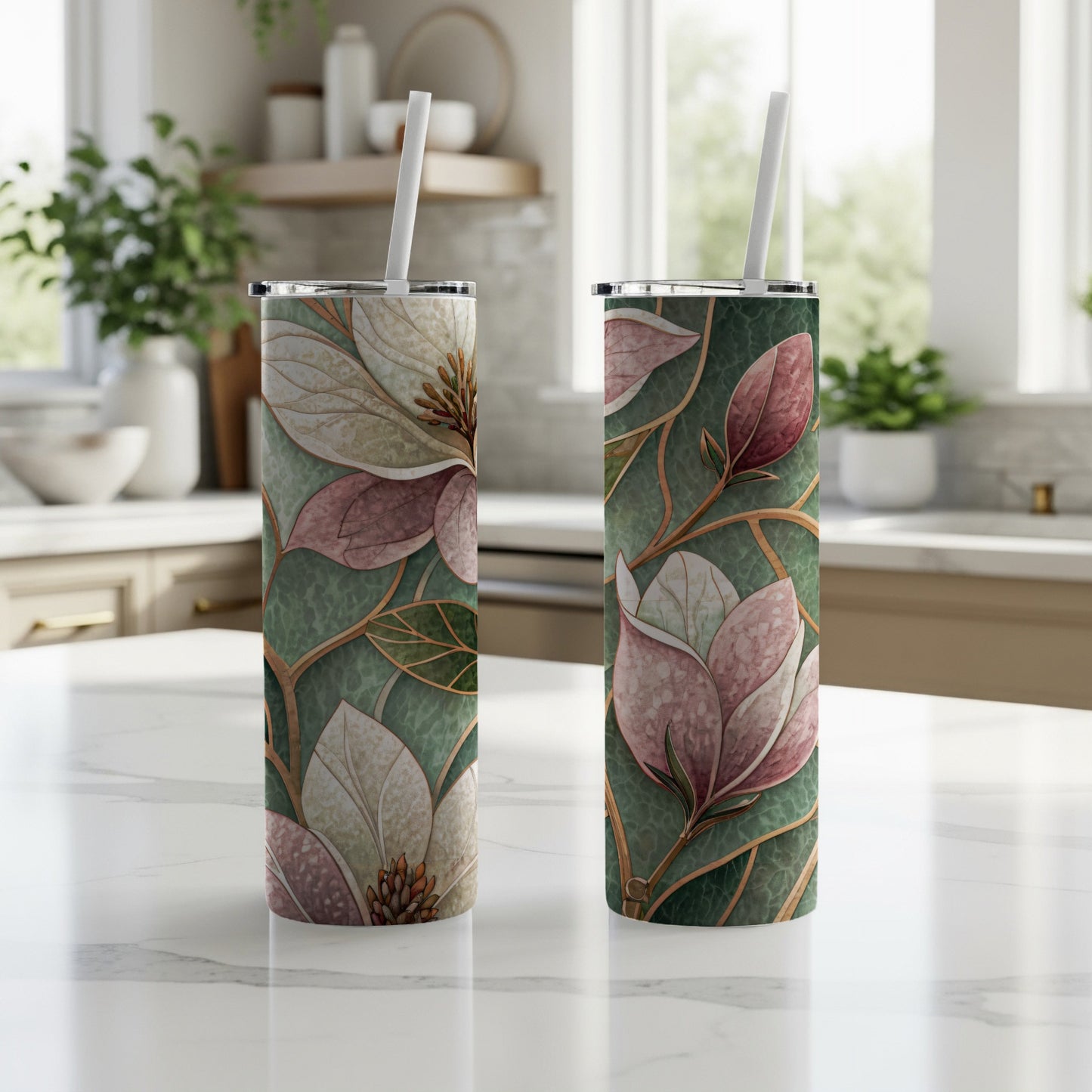 Magnolia Flowers Art Deco Style Watercolor Floral Design 20 oz Skinny Tumbler - Walk Greener