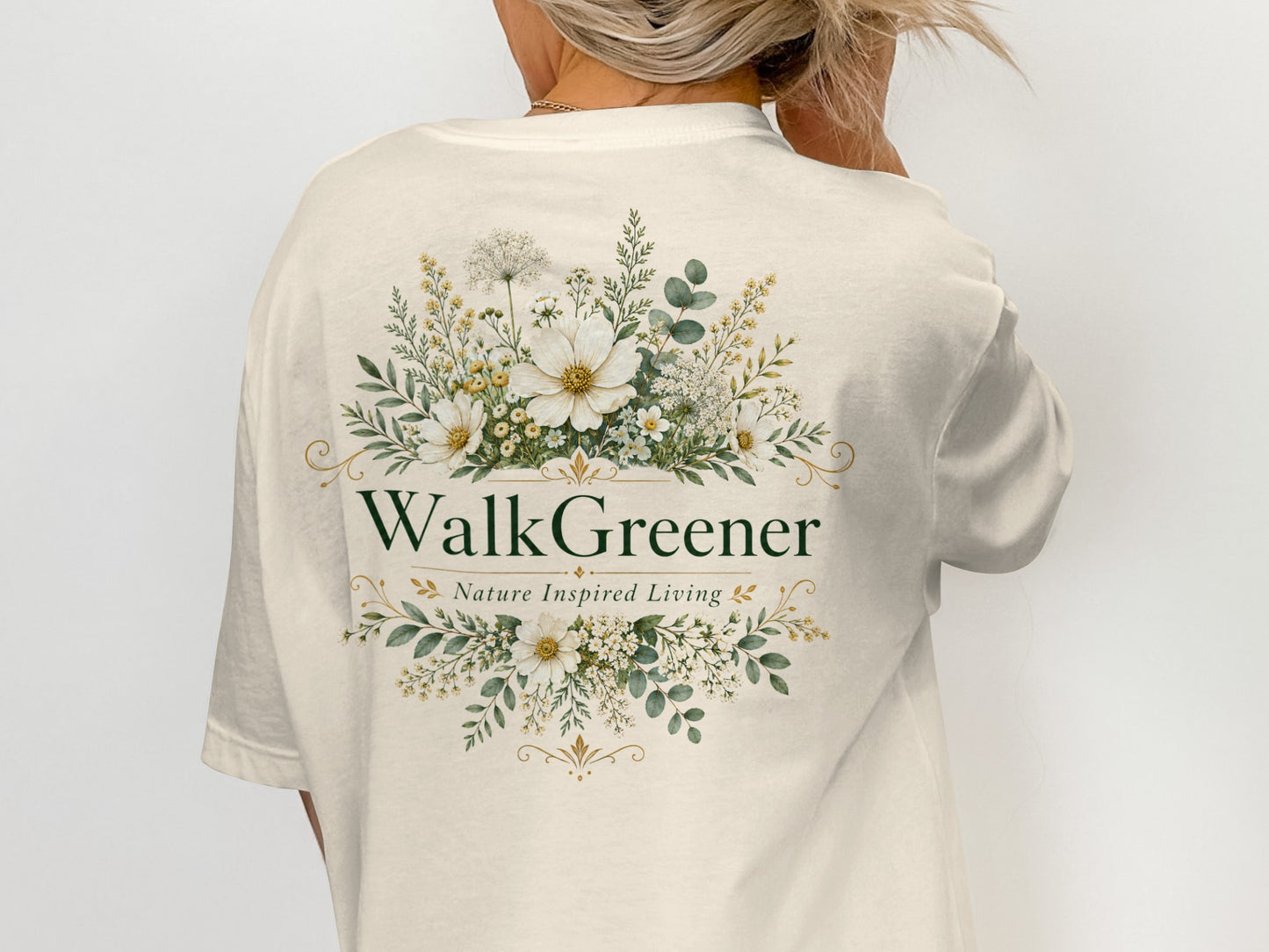 Cream t-shirt with a floral design and "WalkGreener Nature Inspired Living" text.
