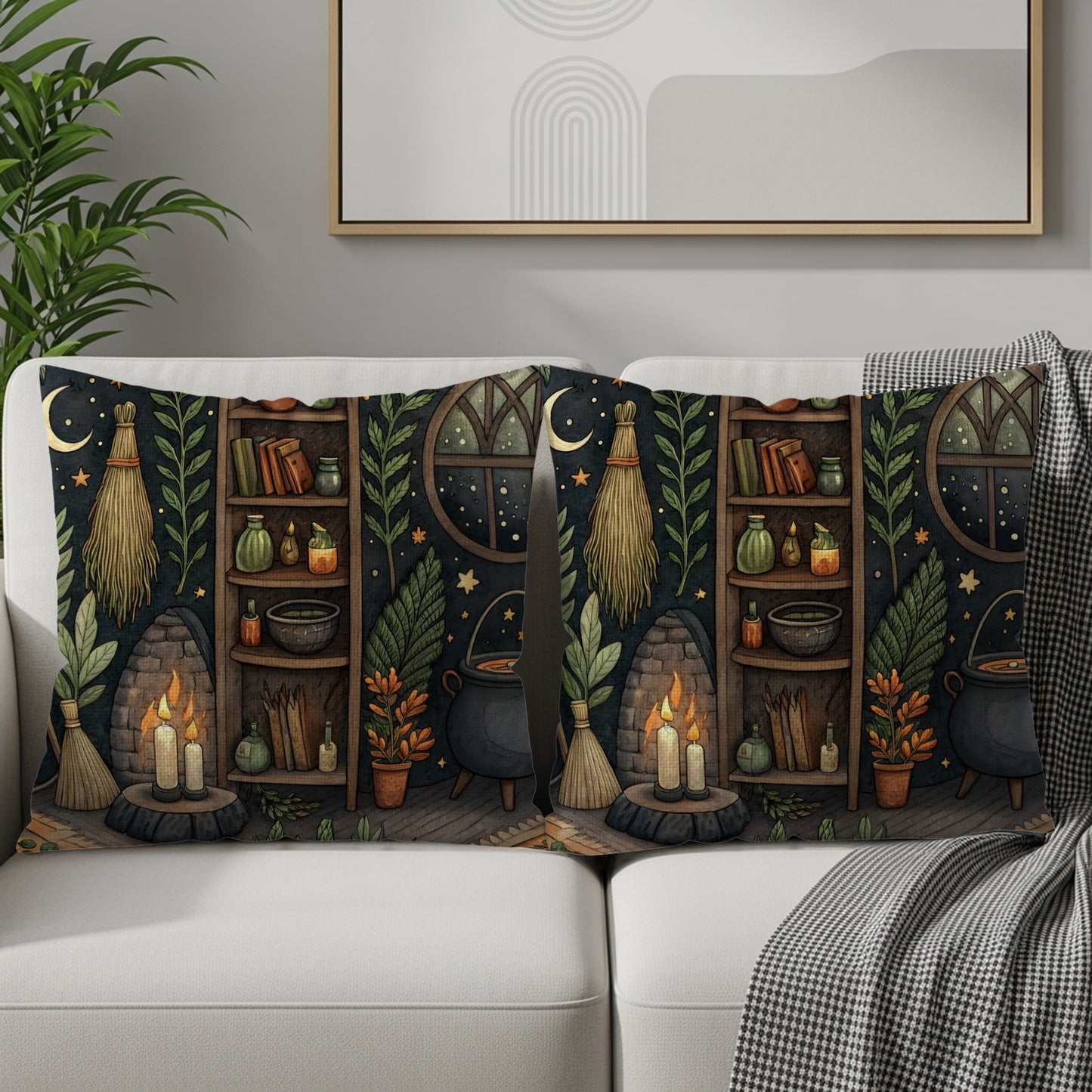 Cozy Witch Cottage with Cauldron and Candle Throw Pillows - Walk Greener