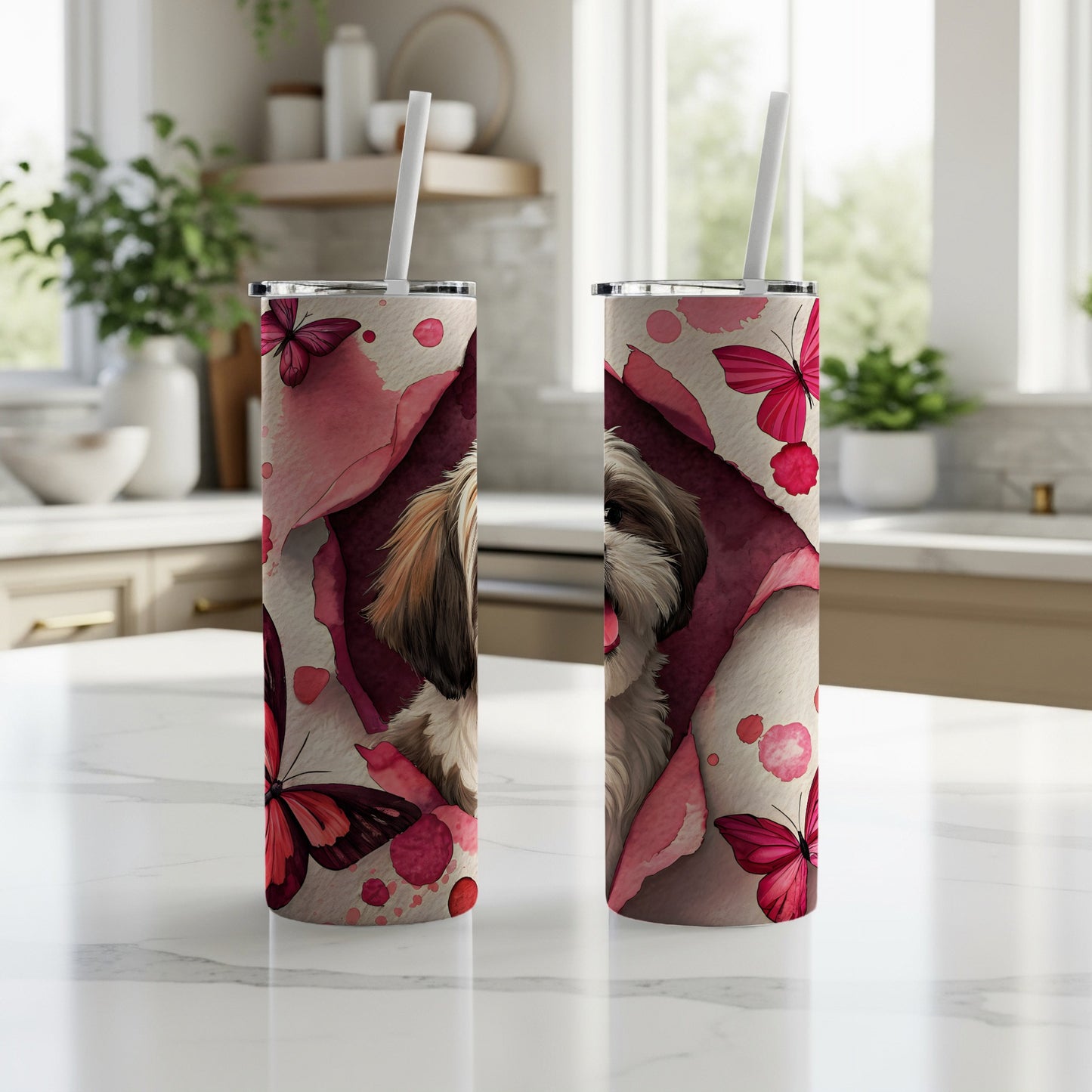 Adorable Dog and Butterfly Design Tumbler Cups