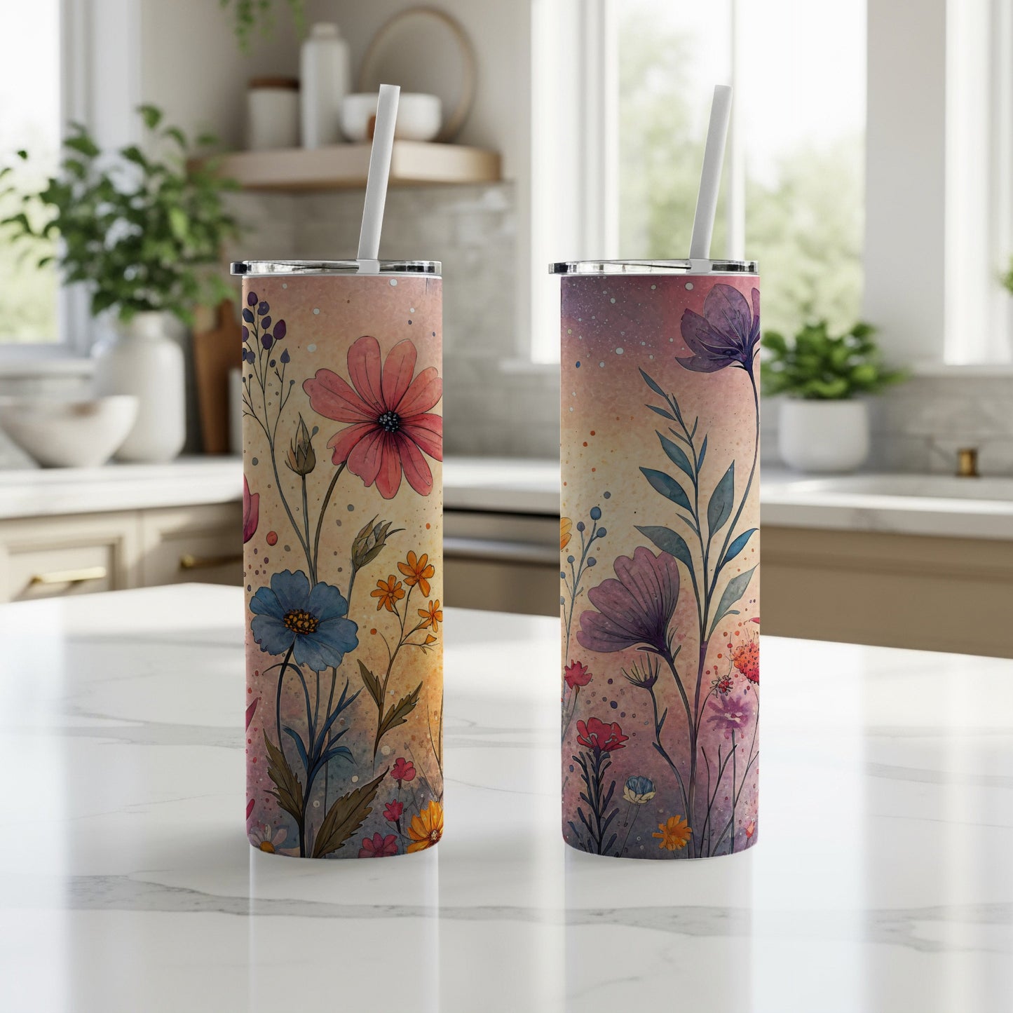 Watercolor Flowers Design Pink Orange Blue 20 oz Skinny Tumbler - Walk Greener