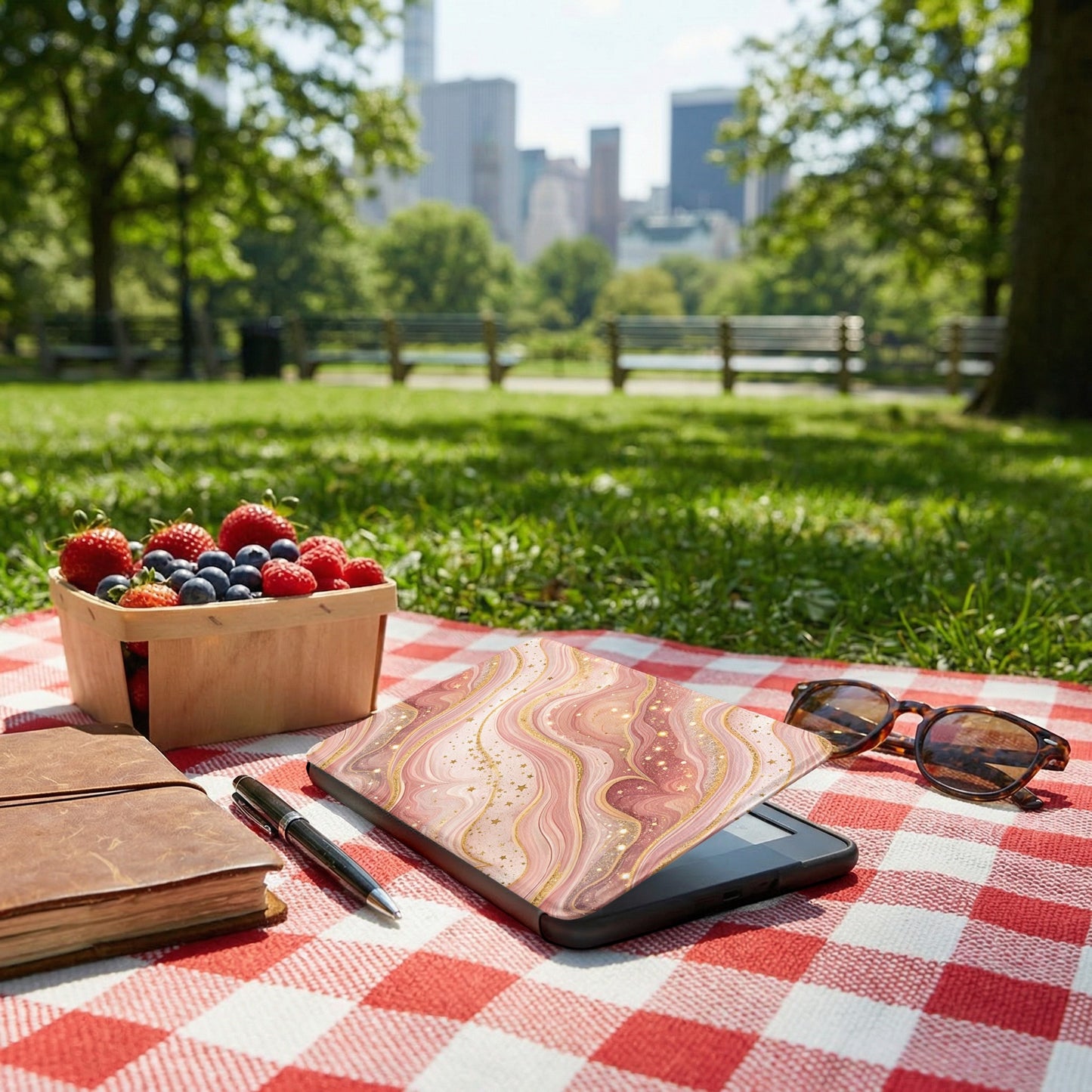 Swirled Artwork Picnic Scene E-reader Cover Design