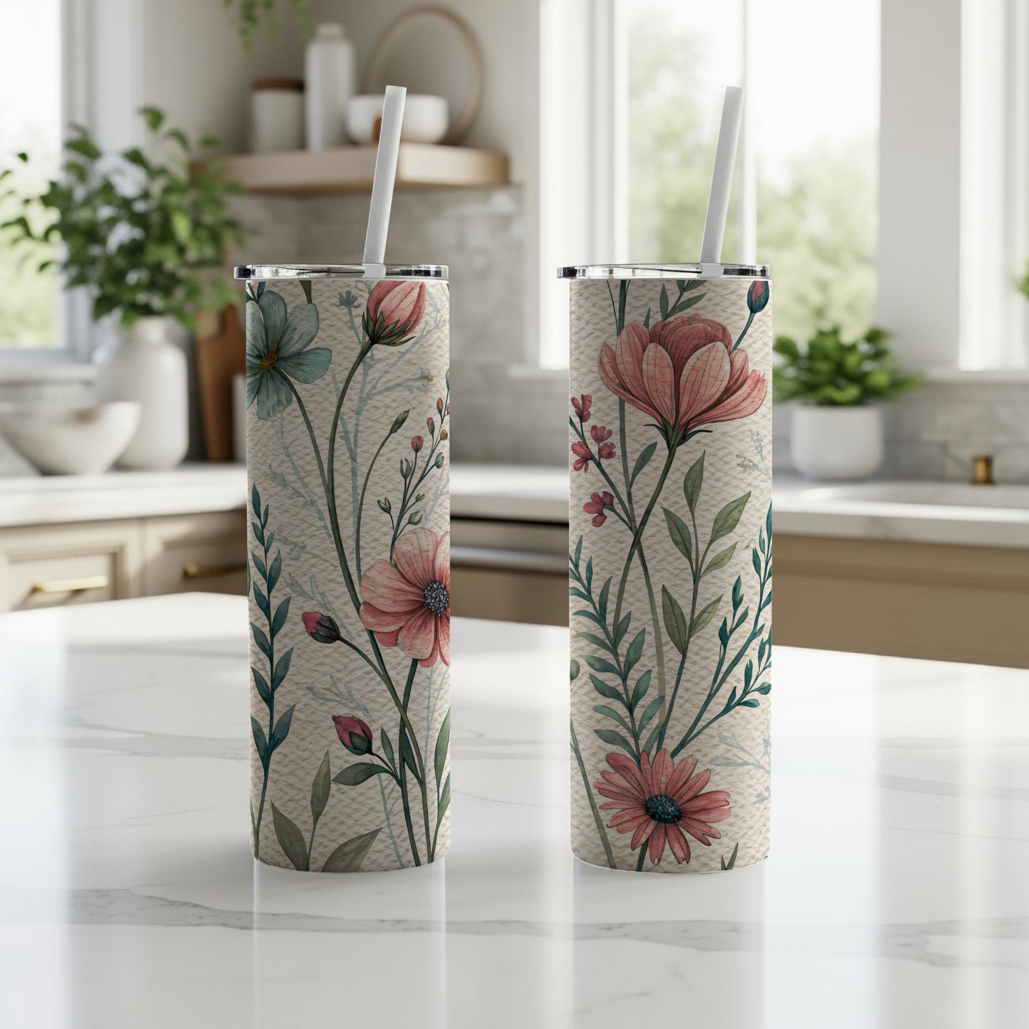 Delicate Watercolor Floral Spring Summer Design 20 oz Skinny Tumbler - Walk Greener