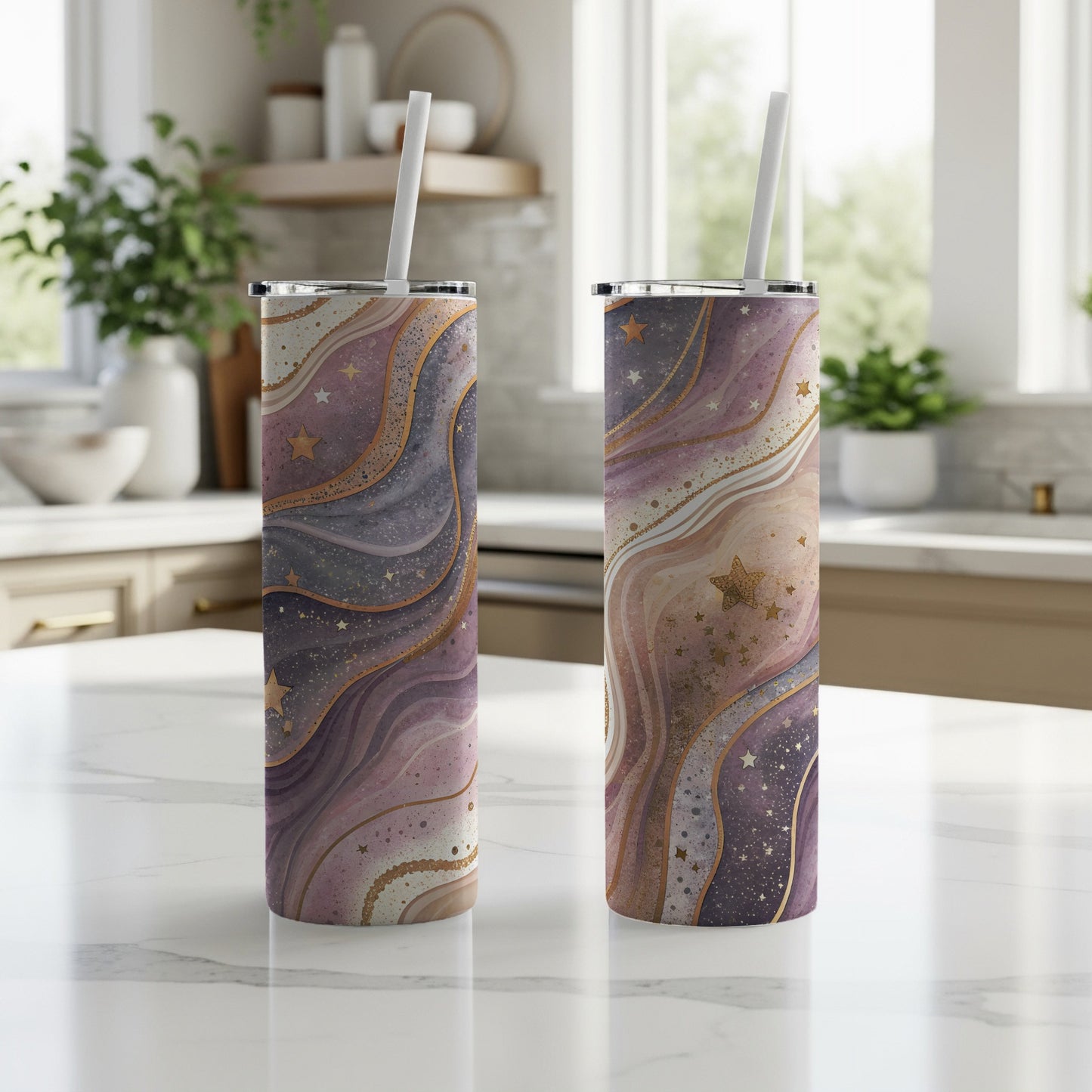 Galaxy Starry Night-Themed Tumbler with Lid and Straw