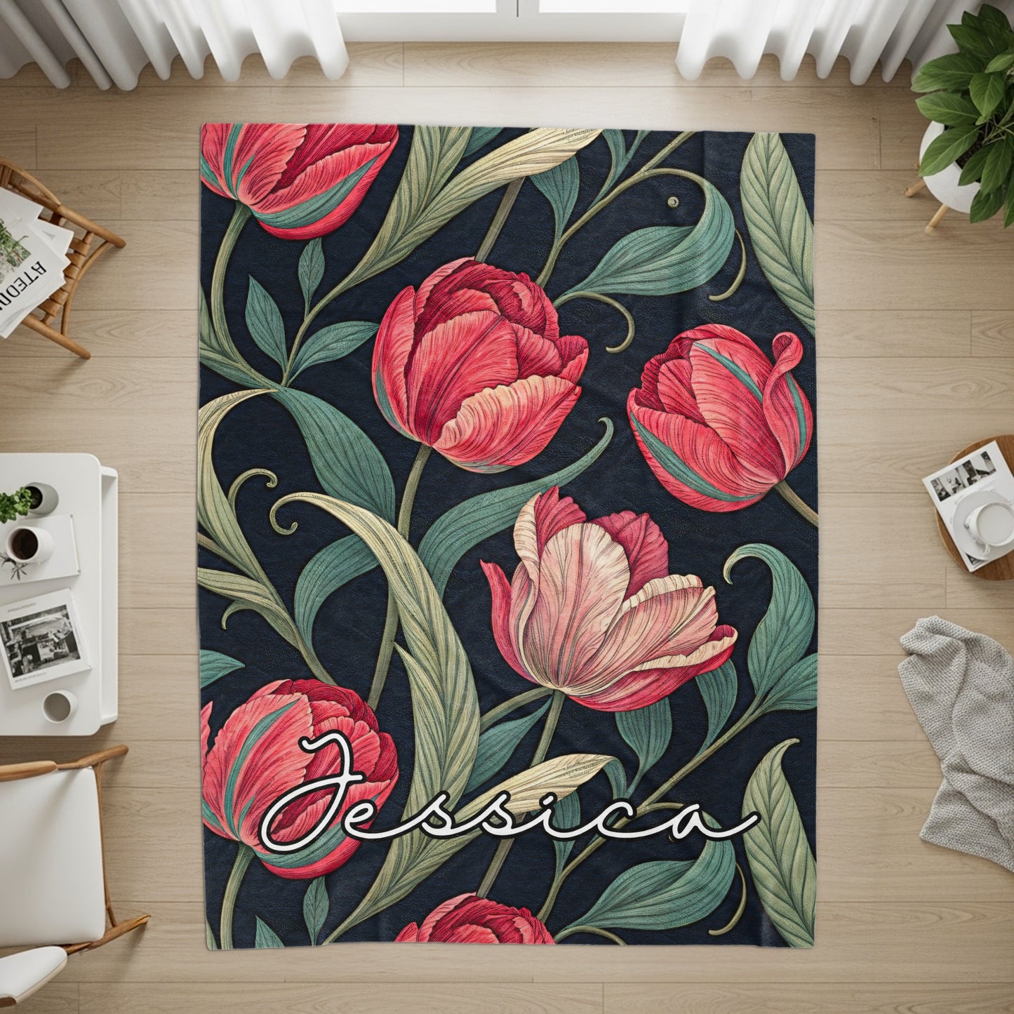 Custom Floral Design Area Rug with Name Jessica