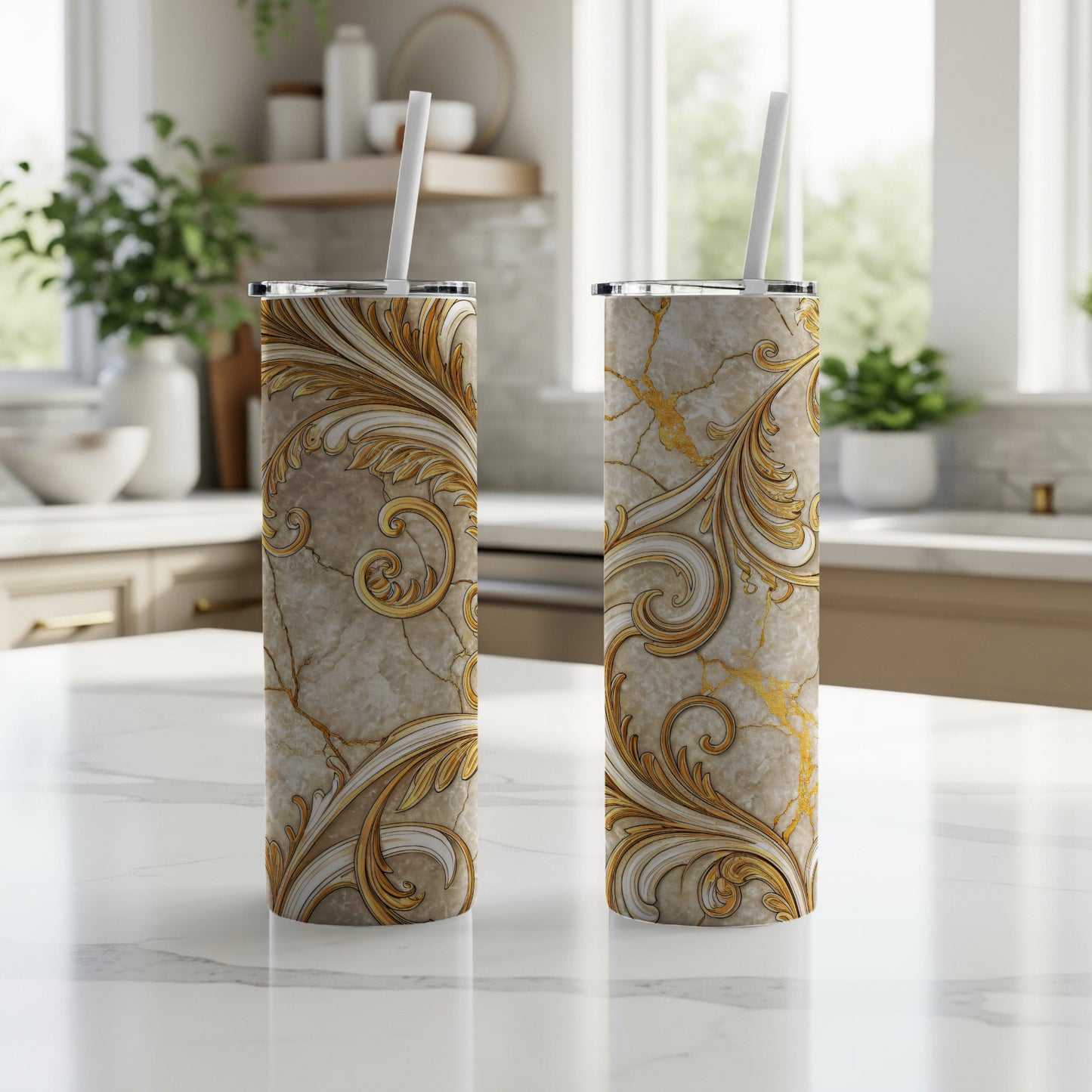 Elegant Gold and Marble Swirl Tumbler with Straw