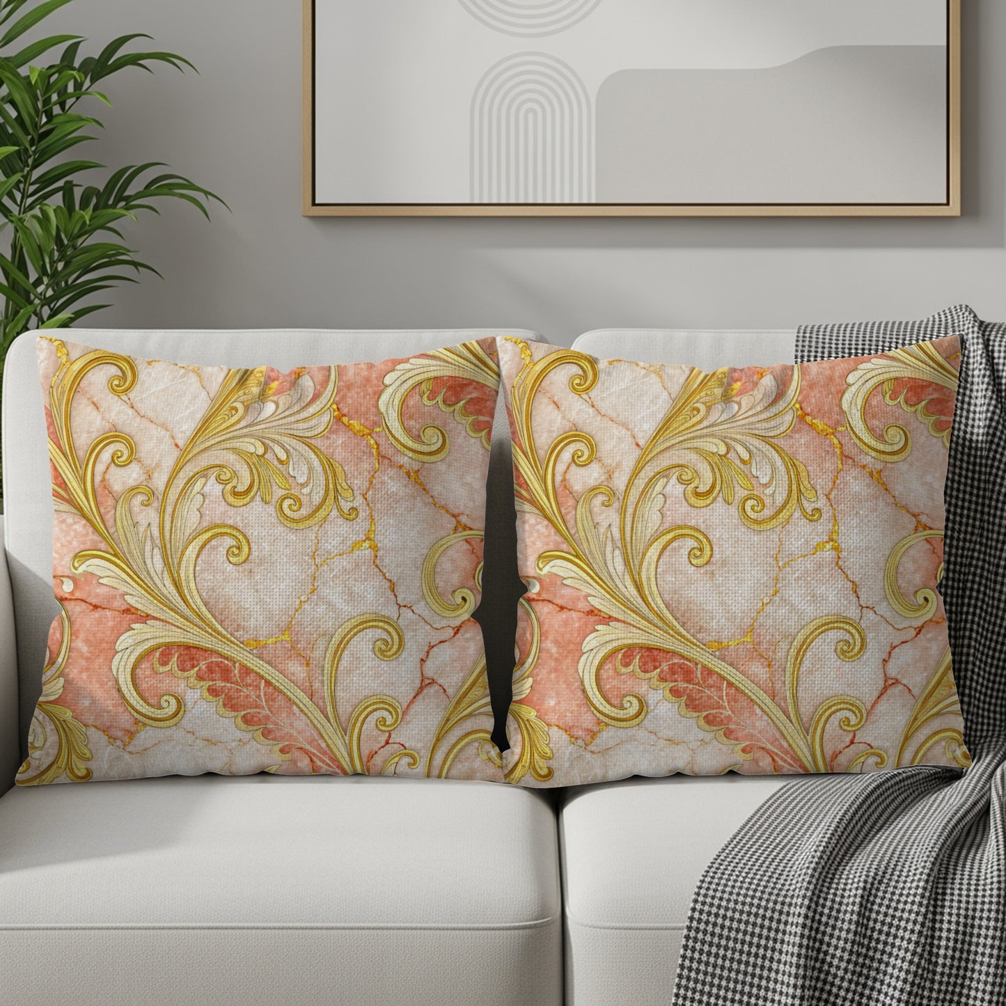 Elegant Pink and Gold Swirl Pattern Throw Pillow